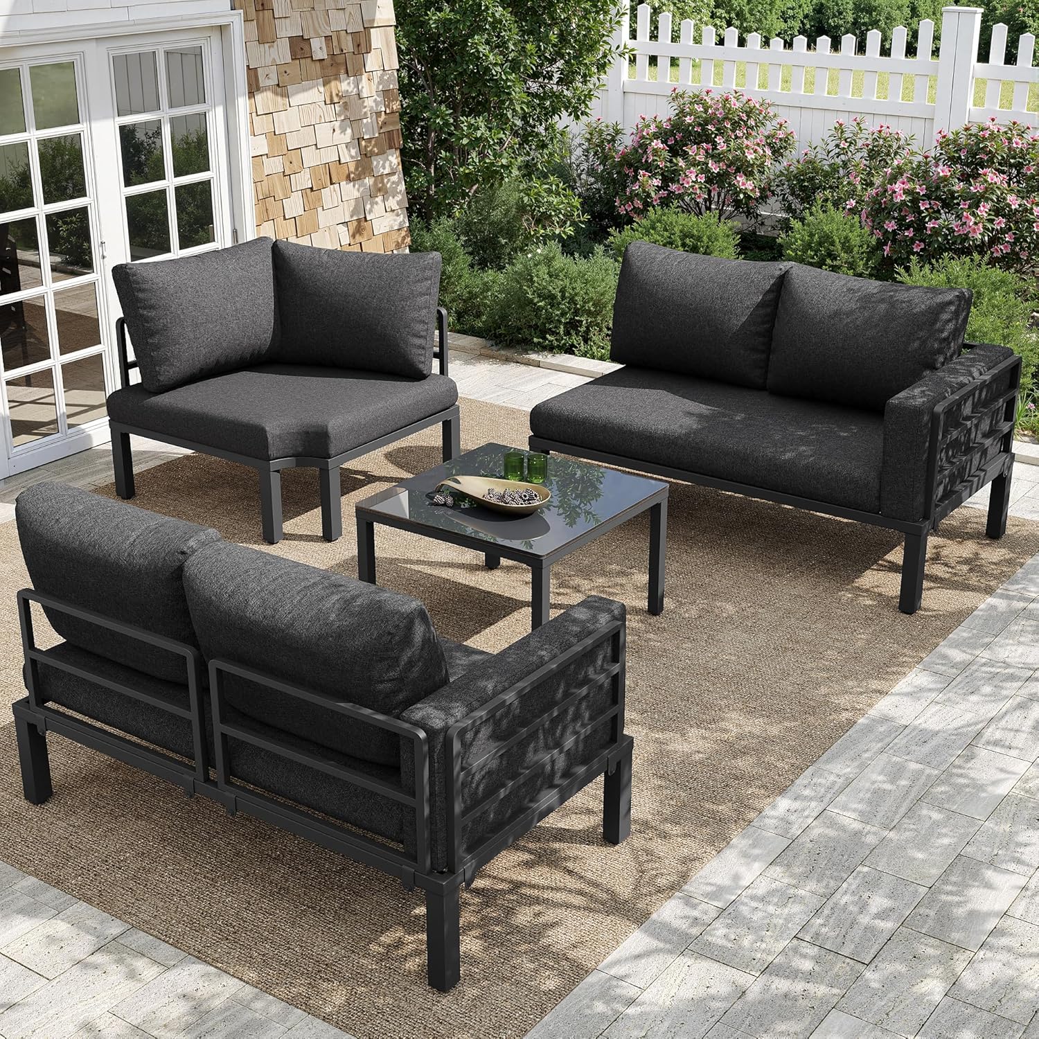 Sapgaks - Salon de jardin D-Gris - 4-5 pers - Fer, verre trempé, coussins, pieds réglables