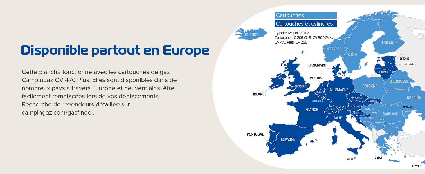 Le texte indique « Disponible por todo en Europa » avec une carte bleue de l'Europe indiquant la couverture de distribution des produits sur le continent.