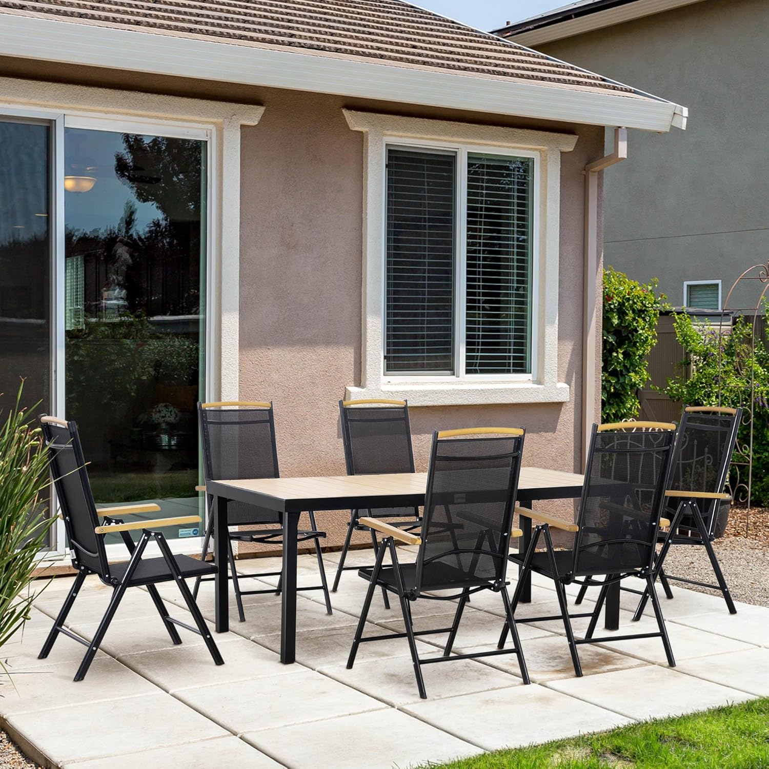 Outsunny - Salon de jardin aluminium 190 cm, 6 chaises pliables inclinables, bois naturel