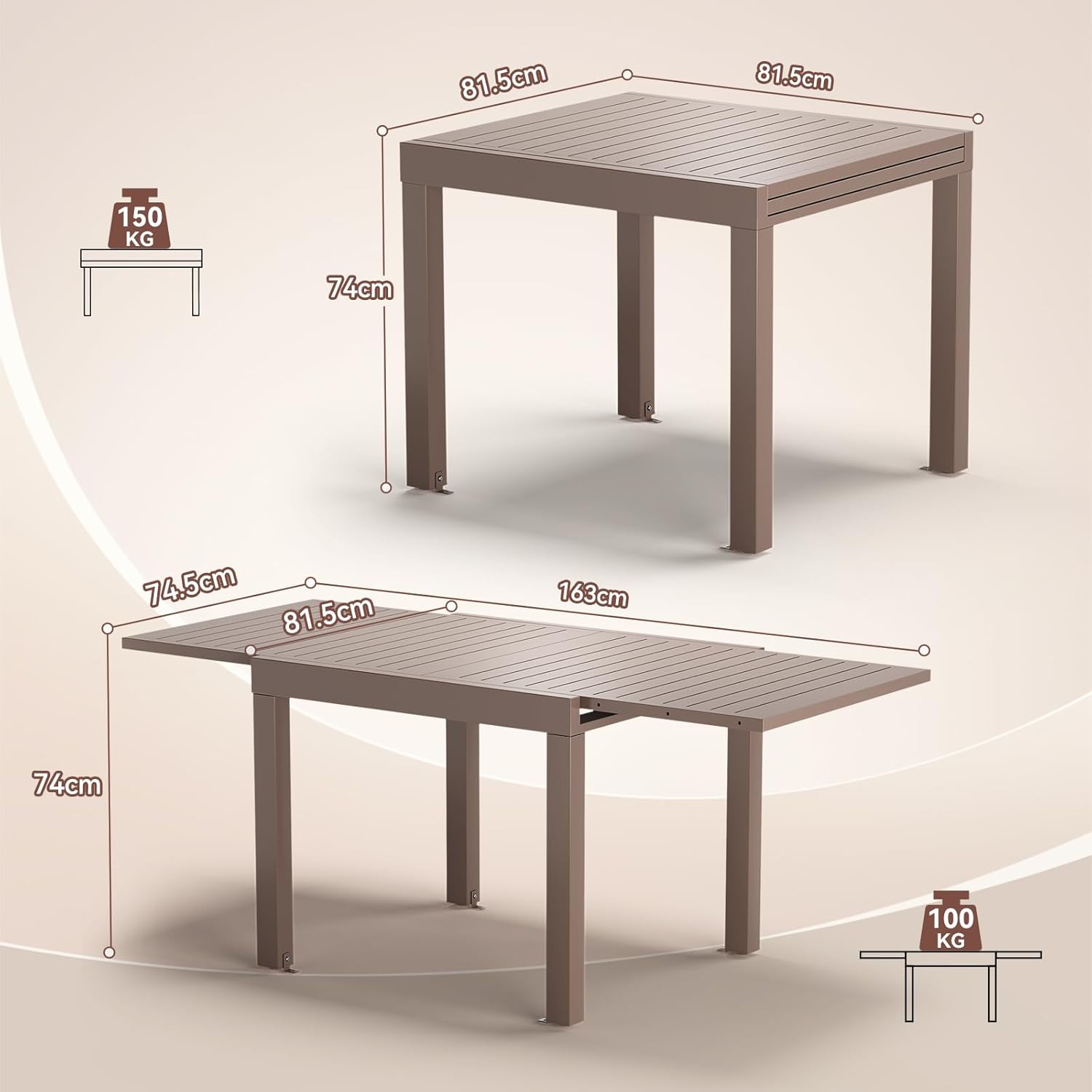 JUMMICO - Table extensible 163x80cm - aluminium, facile entretien, 6-10 pers.