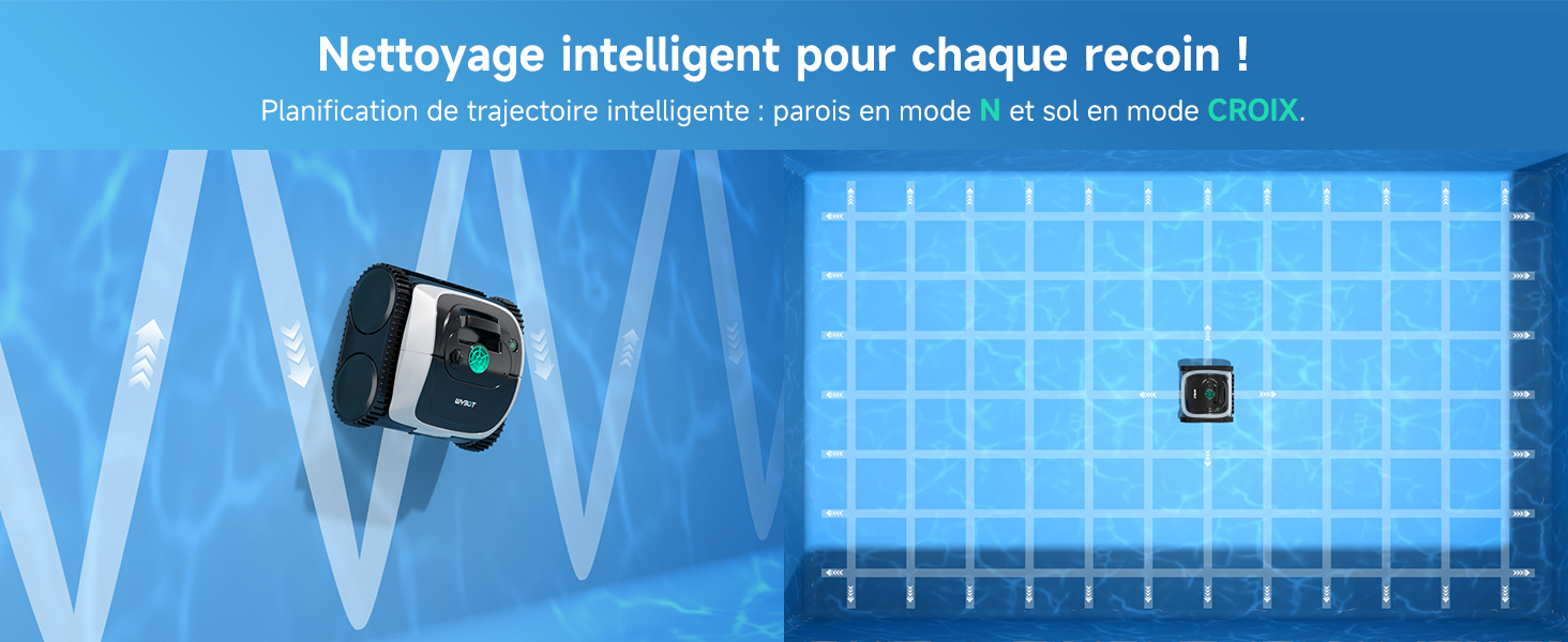 Affichage de l'interface en grille bleue montrant des graphiques et une visualisation des données avec le texte « Nettoyage intelligent pour chaque recoin » en haut.