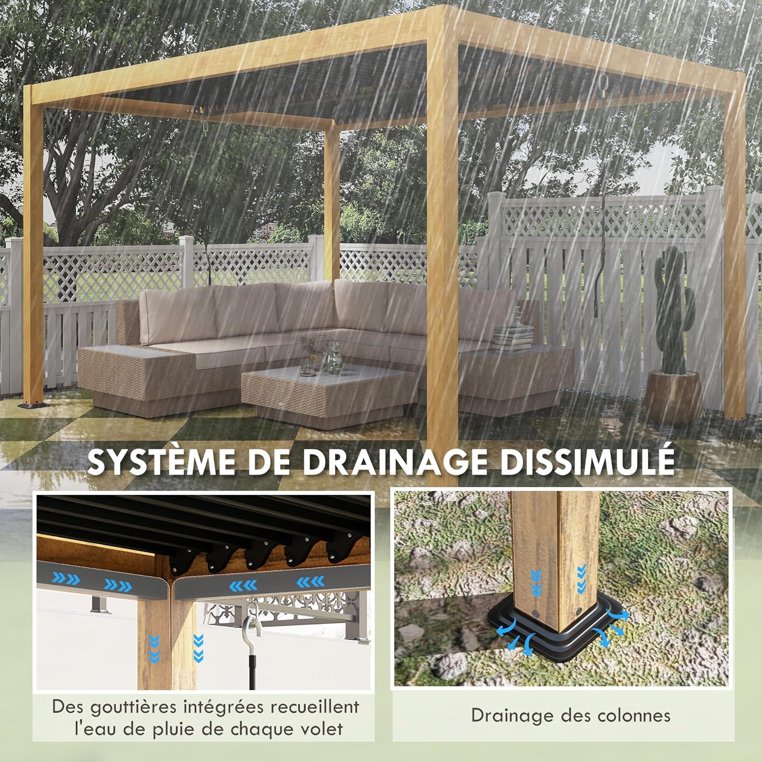 Outsunny - pergola bioclimatique aluminium 3x4m, lames orientables, noir effet bois