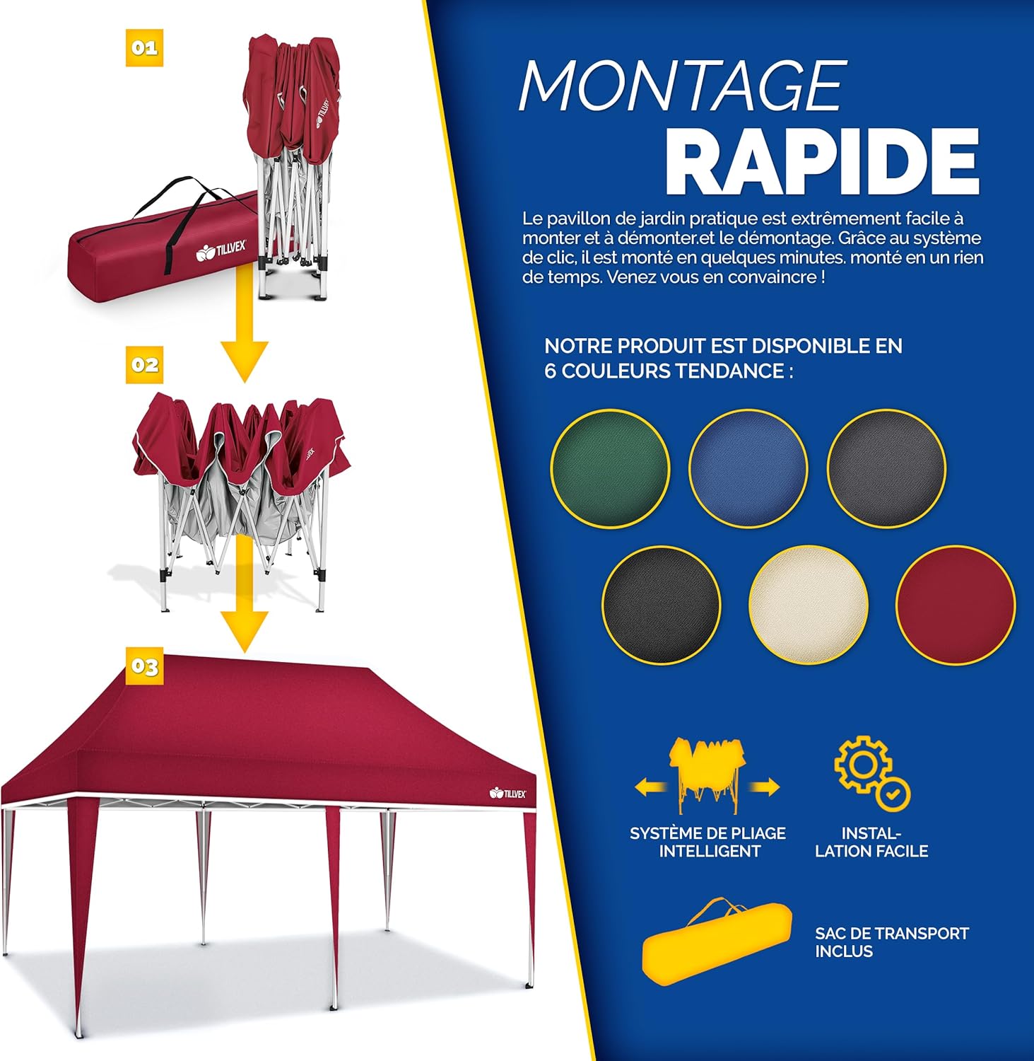 Tillvex - Tonnelle de jardin pop-up, étanche, pliable, réglable 3x6 m, UV 50+ avec sac - ROUGE.