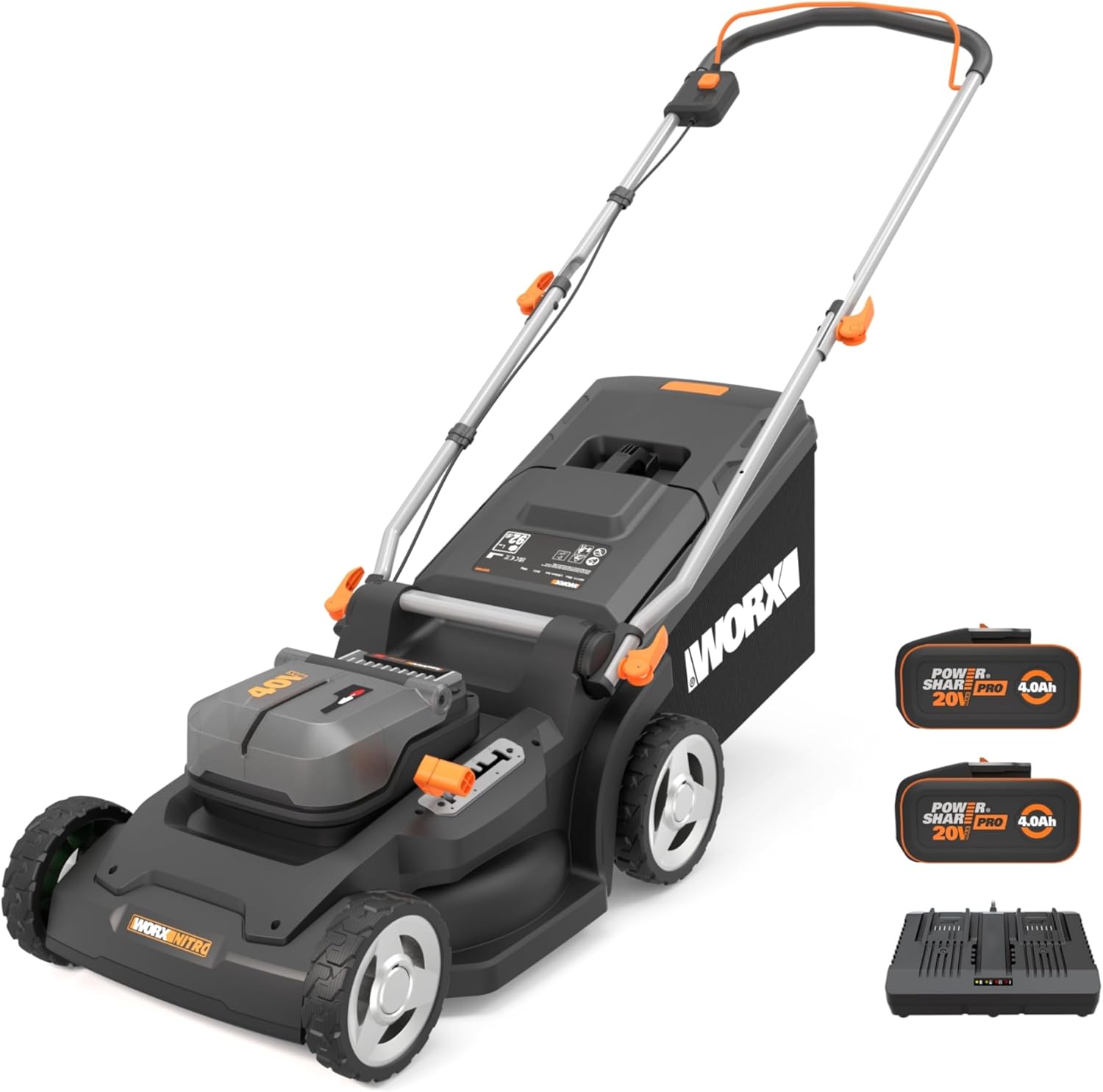 WORX - Tondeuse sans fil 40V - 41cm - 6 hauteurs, bac 50L, 2x4Ah, WG745E
