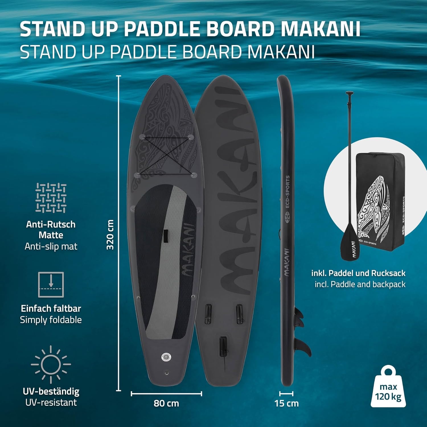 ECD Germany - Stand Up Paddle Gonflable - 305/308/320/380 cm - PVC, 120/150 kg, épaisseur 10/15 cm
