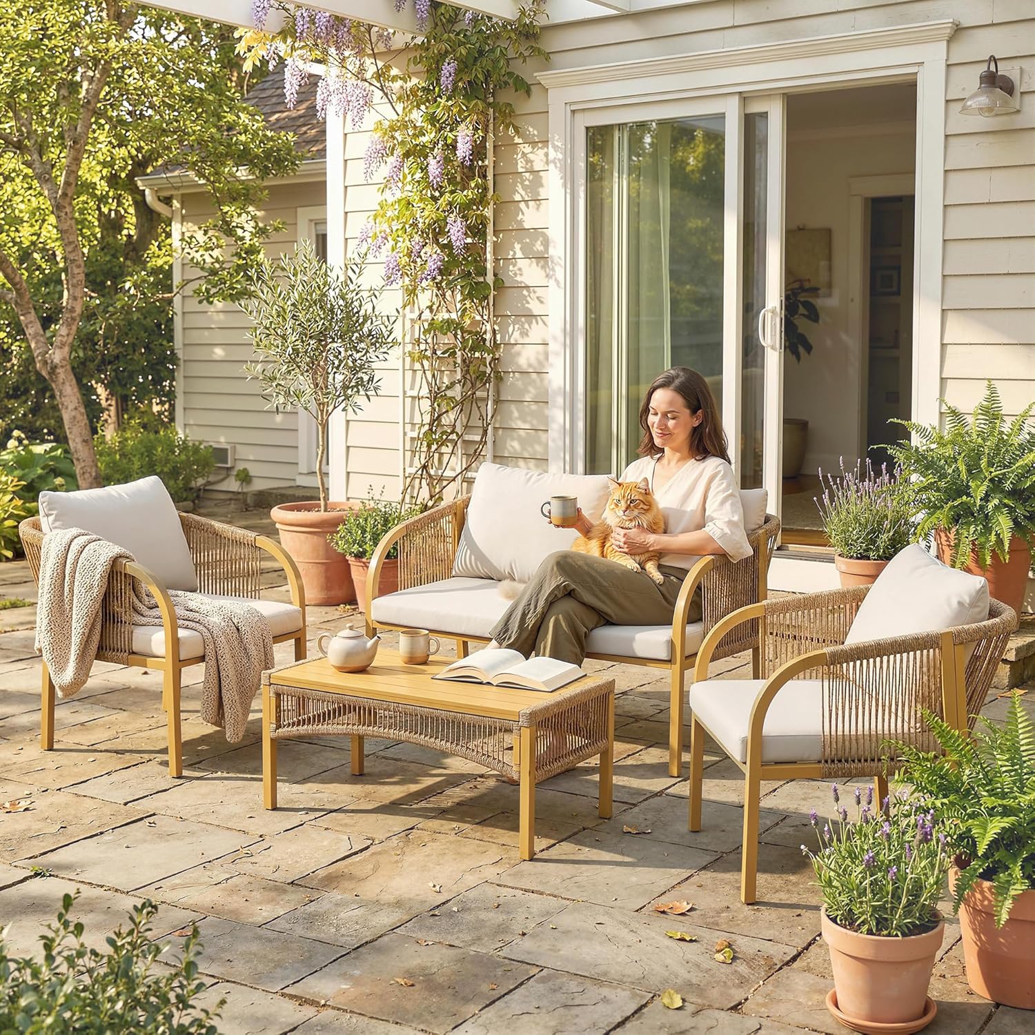 Outsunny - Salon de jardin 4 pcs - canapé 2 places, coussins, table basse, plateau acier imitation bois - kaki