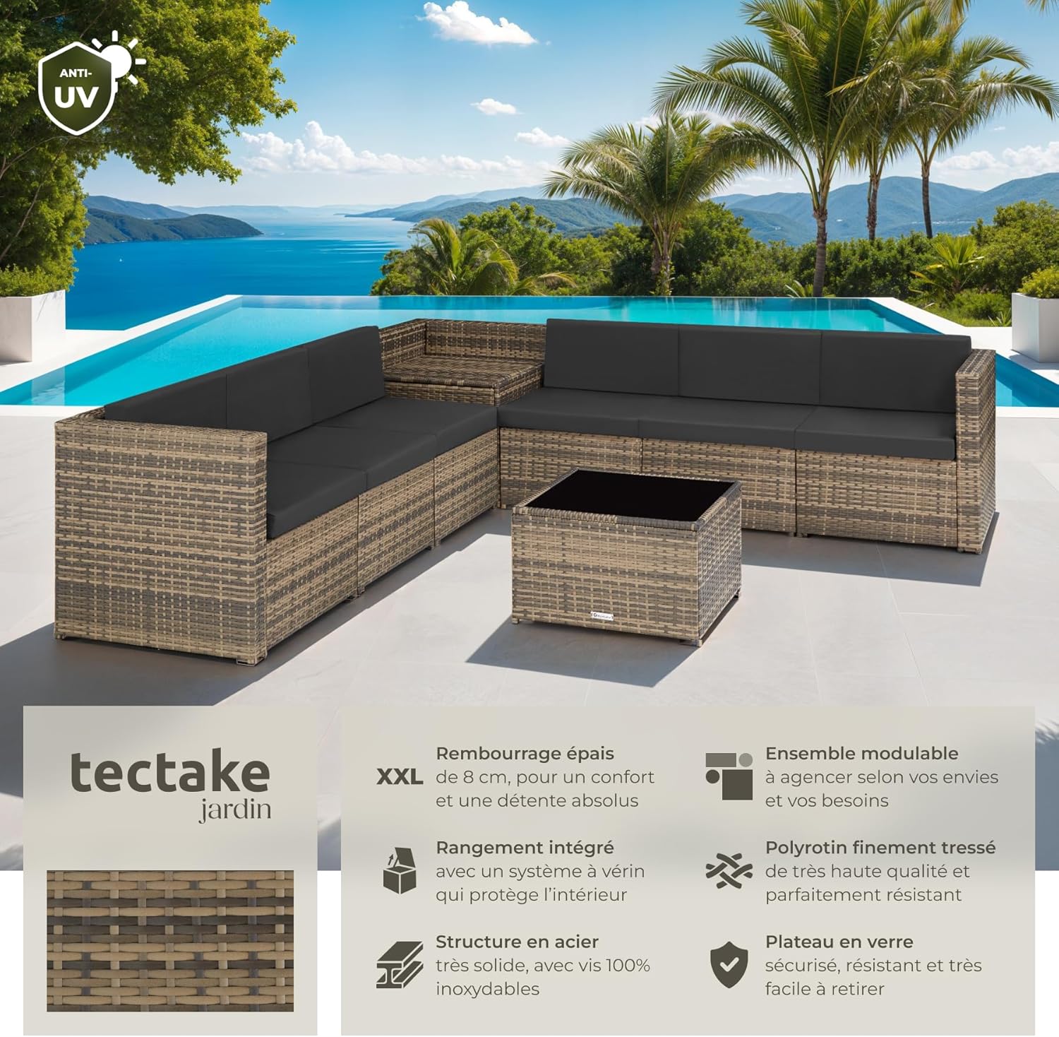 TecTake - salon de jardin modulable 6 places résine, coffre et table, brun - 200x130cm