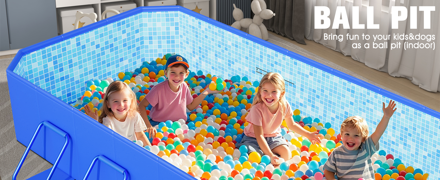 Le texte indique « BALL PIT » avec le slogan « Amusez-vous dans votre jardin ». Piscine gonflable rectangulaire bleue remplie de balles en plastique colorées contenant cinq enfants jouant à l'intérieur.