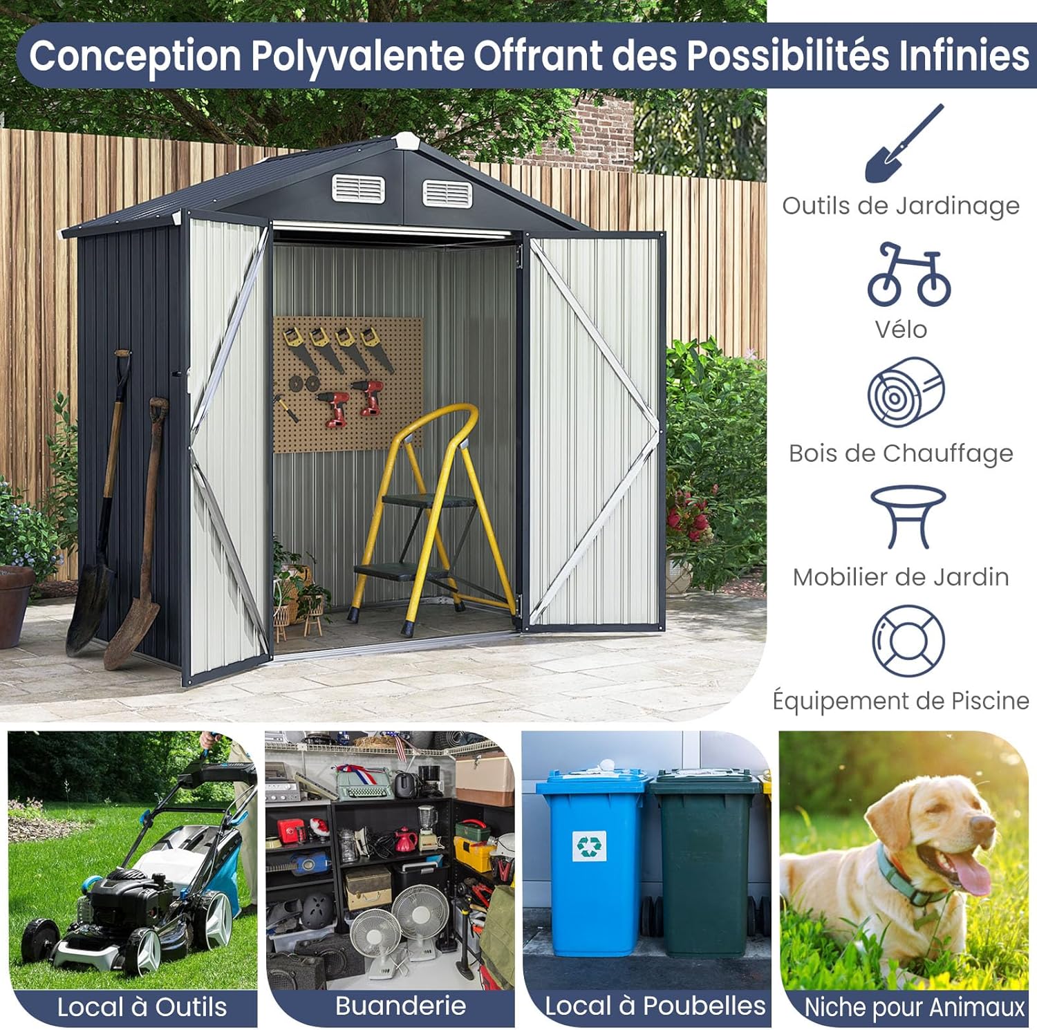 COSTWAY Abri de Jardin Métal Galvanisé 3,4 m³,Double Porte Verrouillable avec Clé, Cabane de Jardin Exterieur, Abri Rangement Exterieur pour Vélo, Poubelle, Outil