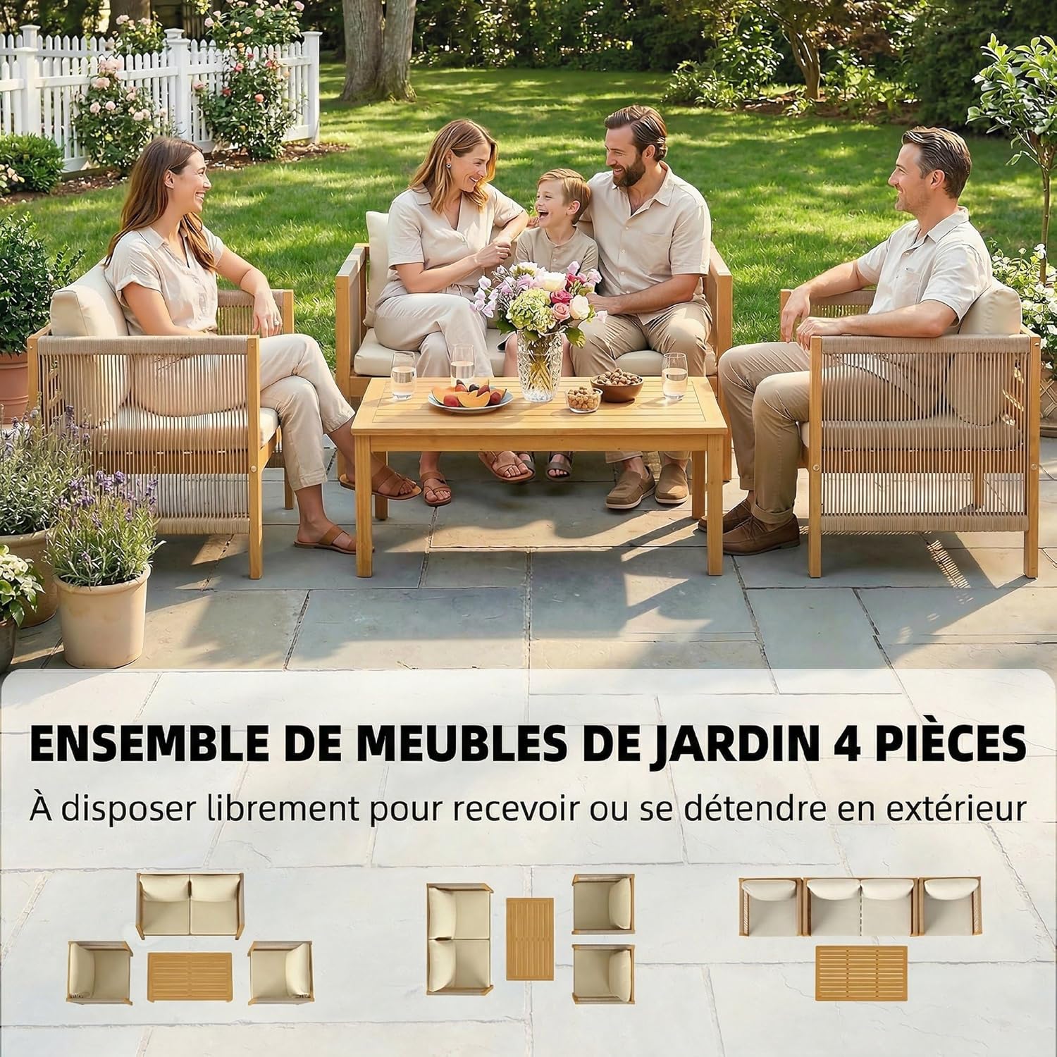 Outsunny - Salon de Jardin en Bois d'Acacia 4 pièces - Canapé, fauteuils, table - Coussins déhoussables, corde tressée, 