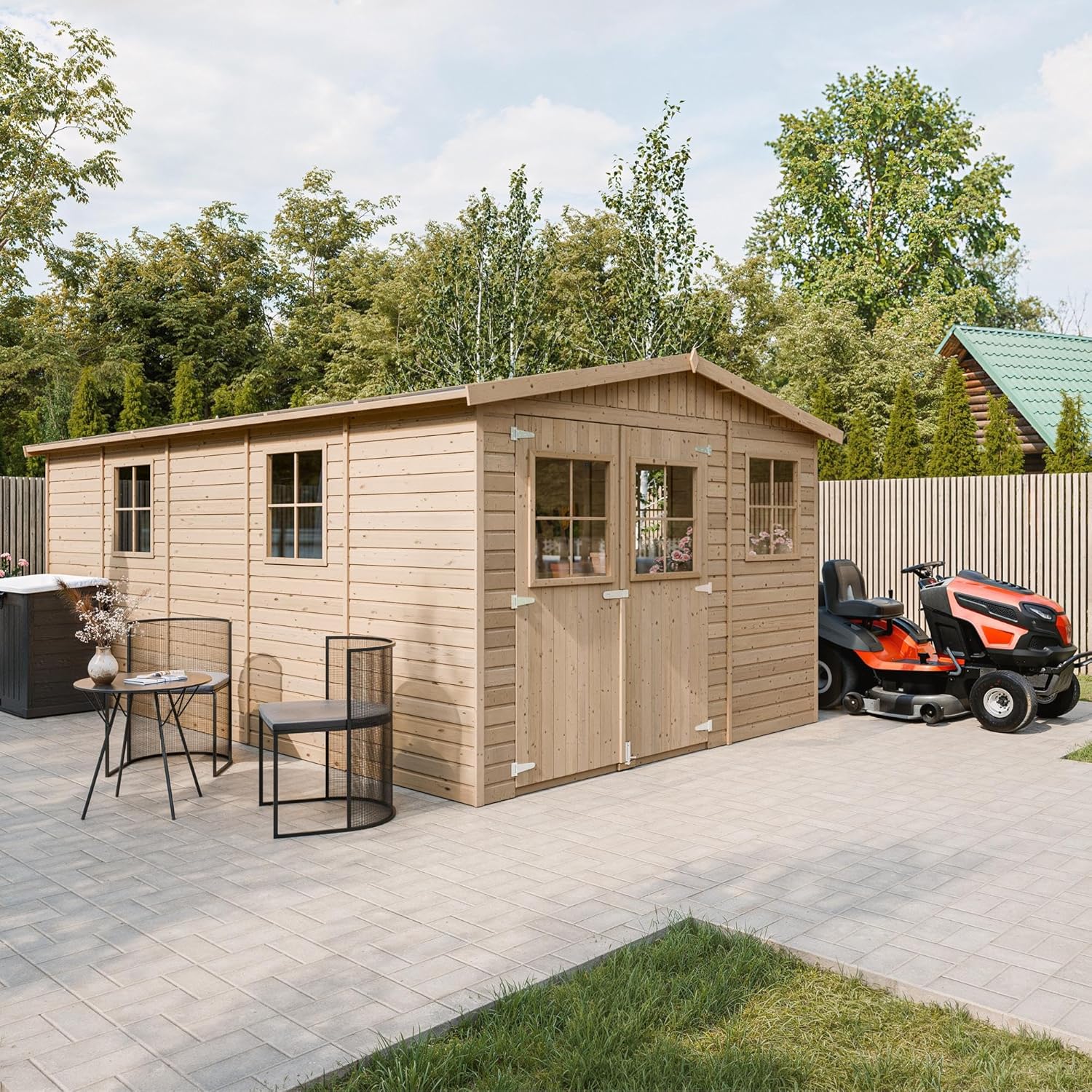 ABRI de Jardin en Bois Exterieur avec Les PLANCHERS IMPRÉGNÉ - Chalet en Pin/épicéa- H226x324x516 cm/15 m²- Construction de Panneaux- Rangement pour vélos, Remise à Outils- TIMBELA M337+M337G