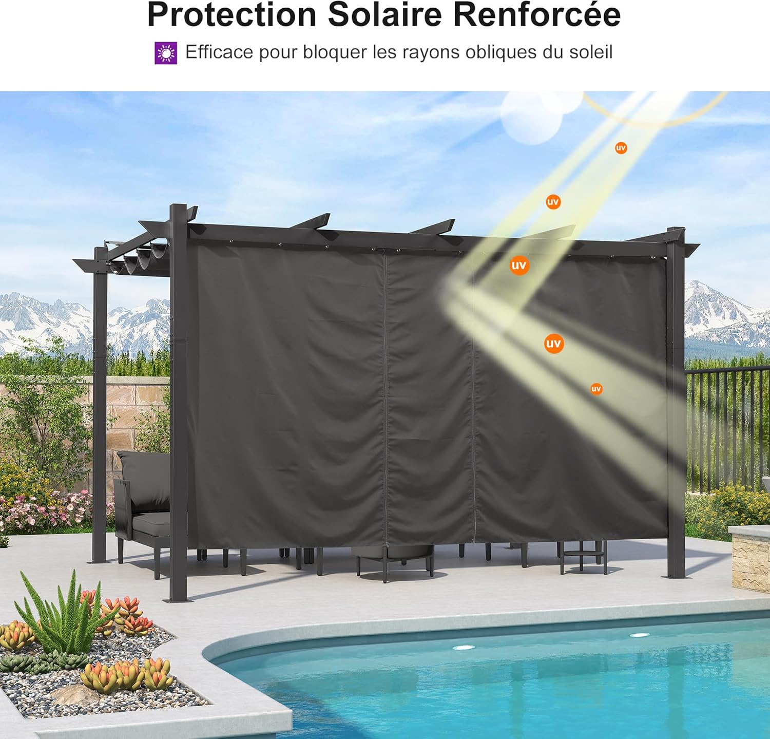 PURPLE LEAF - Pergola Aluminium - 4x3m - Rideau, toit rétractable, imperméable