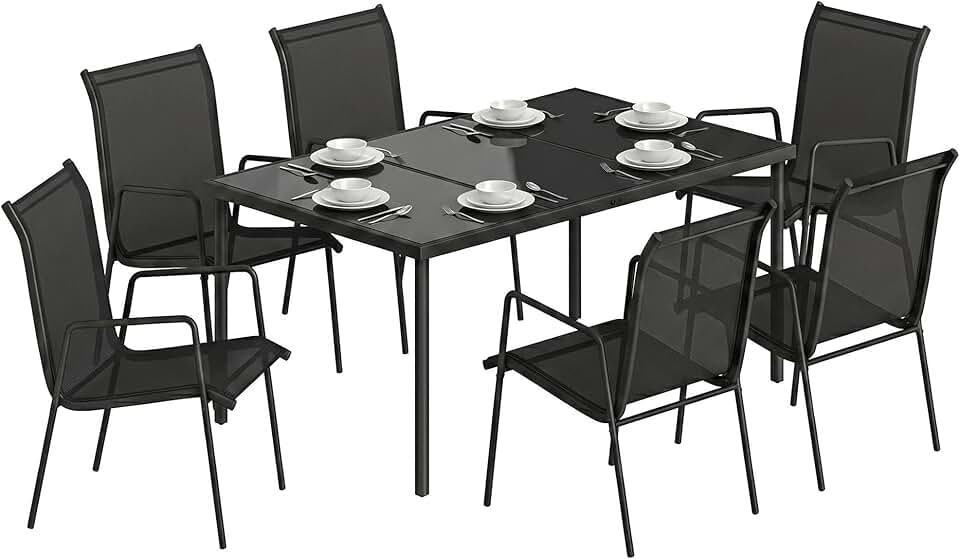 Outsunny - salon de jardin 6 places - table verre trempé, chaises empilables, textilène, noir