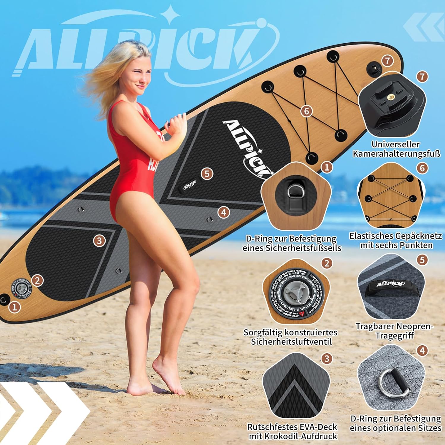 ALLPICK - Paddle gonflable 320 cm - kit complet, pagaie réglable, support caméra, 200 kg