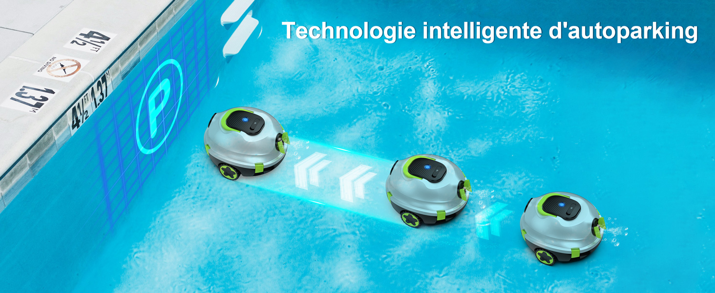 Le texte indique « Technologie intelligente d'autoparking ». Petits robots nettoyeurs de piscine autonomes disposés dans l'eau bleue de la piscine, démontrant une technologie de stationnement et d'amarrage automatisée intelligente.