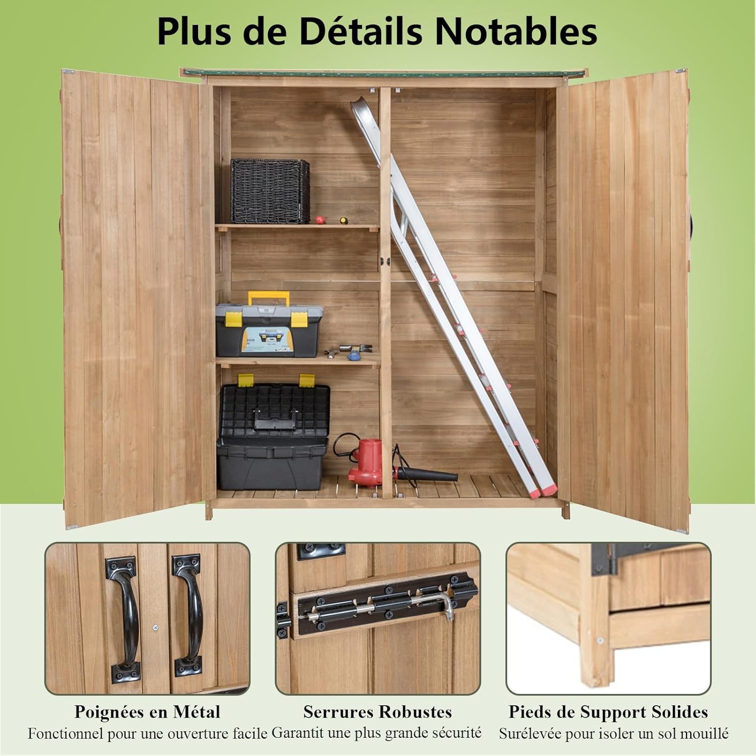 RELAX4LIFE Abri de Jardin en Bois 140x50x162 cm, Abri à Outils avec Toit en Asphalte Incliné, Portes et Étagères Double Fermeture, Meuble de Rangement pour Extérieur Arrière-Cour Patio Pelouse