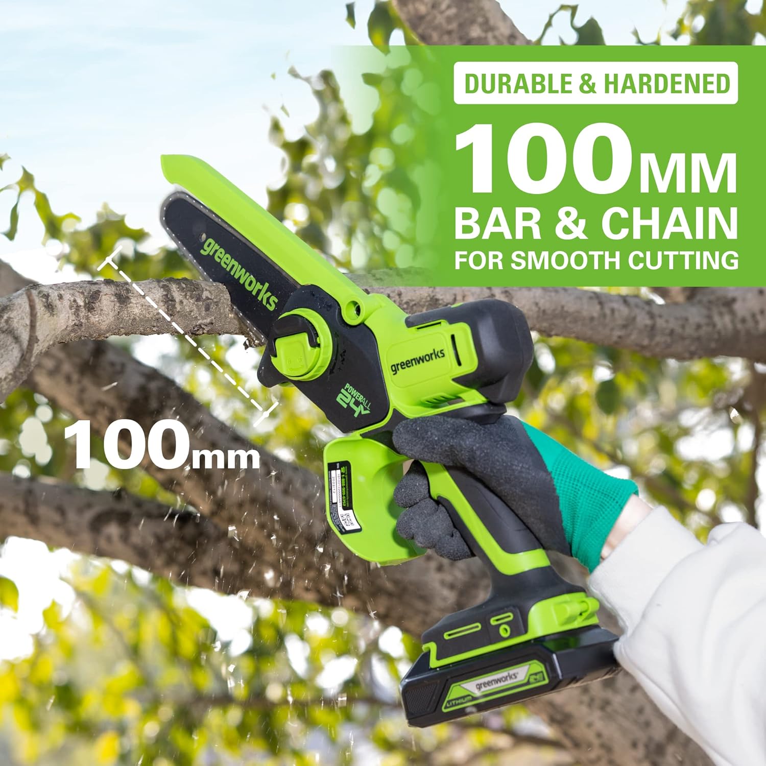 Greenworks 24V Mini Tronçonneuse 10cm Tronçonneuse à batterie sans fil alimentée par batterie et chargeur, vitesse de chaîne de 7,8 m/s, pour branches d'arbres, cour et usage domestique.