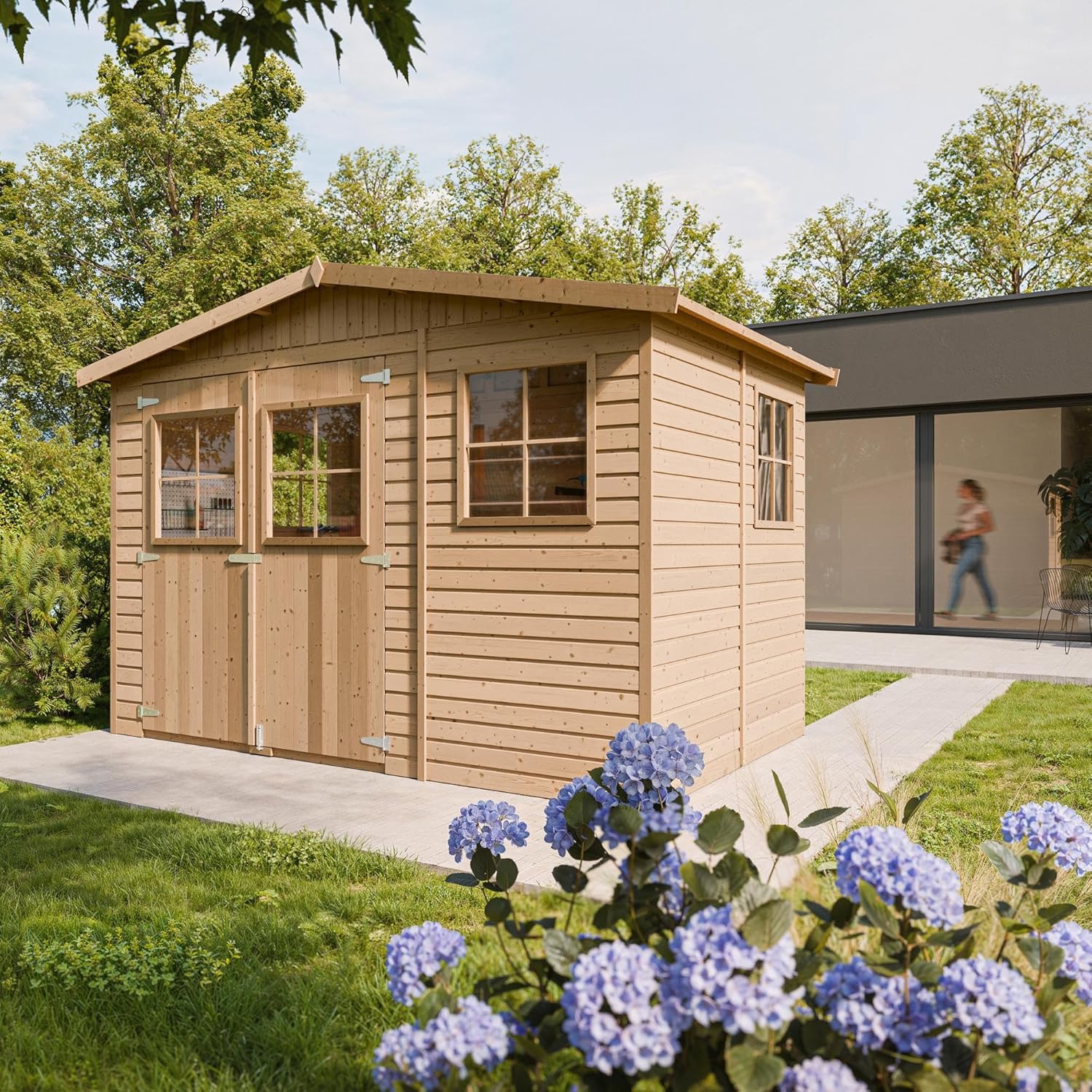 Abri de Jardin en Bois Exterieur avec Les PLANCHERS IMPRÉGNÉ- Cabane de Jardin en Pin/épicéa-H226x324x216 cm/6m2- Construction de Panneaux- Rangement pour vélos, Remise à Outils- Timbela M334+M334G