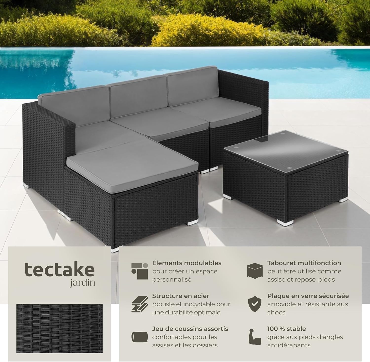 tectake - Salon de jardin modulable 4 places, poly rotin, 3 fauteuils, 1 table, terrasse