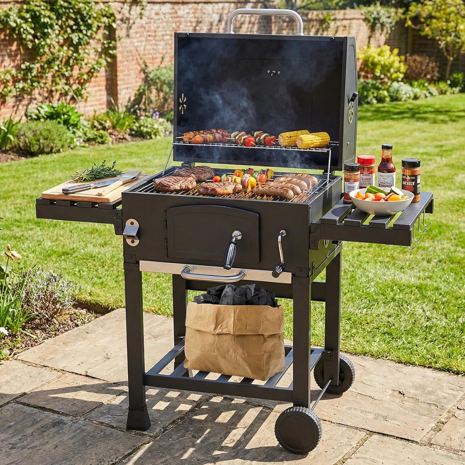 LIFERUN - Barbecue charbon XXL - grand chariot, fumoir et thermomètre