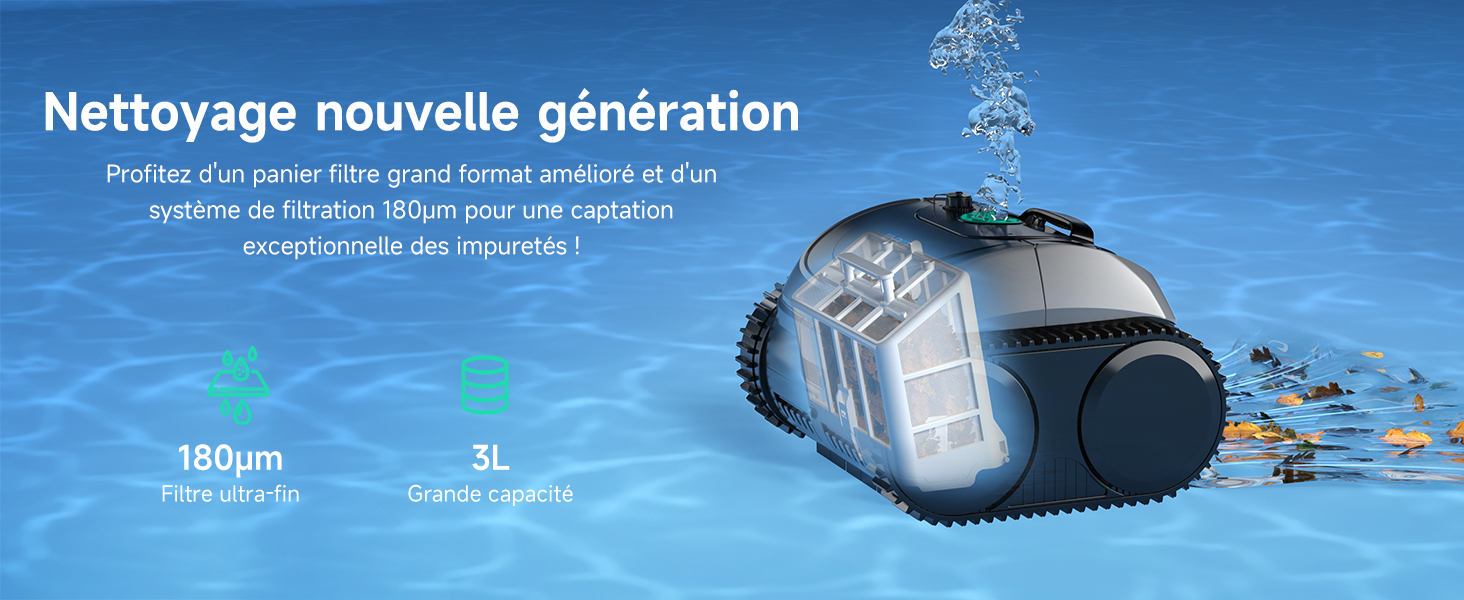 Série de photos sous-marines montrant un robot nettoyeur de piscine en action, se déplaçant le long des surfaces de la piscine et filtrant l'eau.