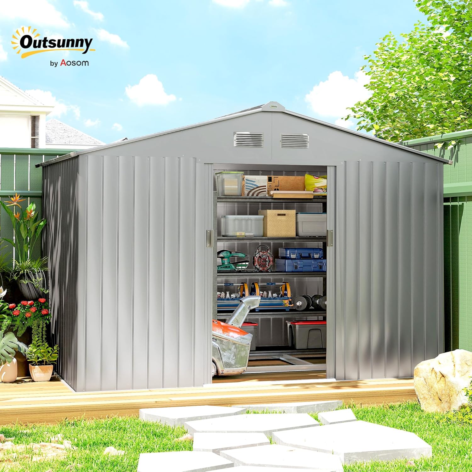 Outsunny - abri de jardin 4,9 m², 277x195x192 cm, porte coulissante, ventilation, kit fondation