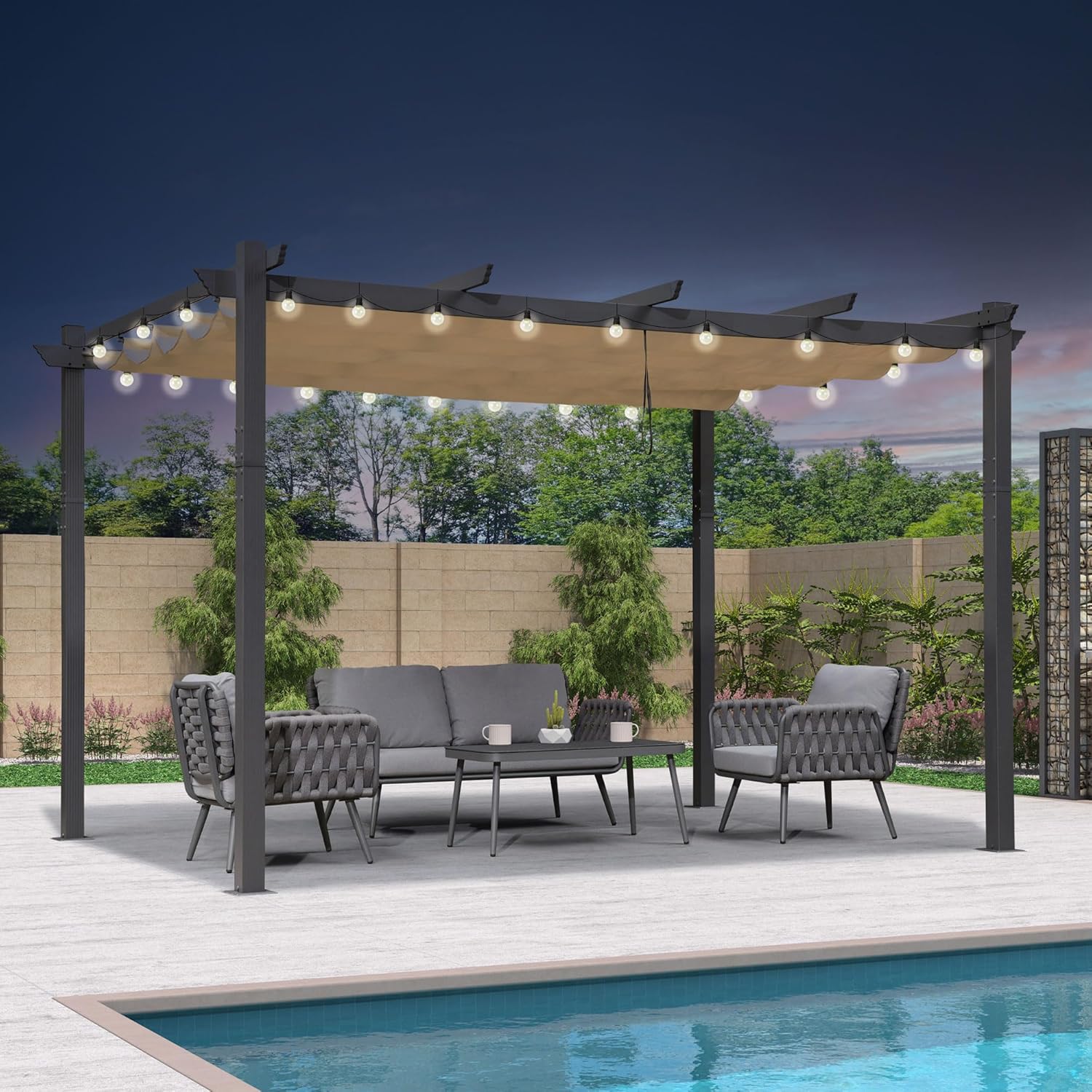 PURPLE LEAF - Pergola Aluminium - 4x3,2m - LED intégrée, toit rétractable, kaki
