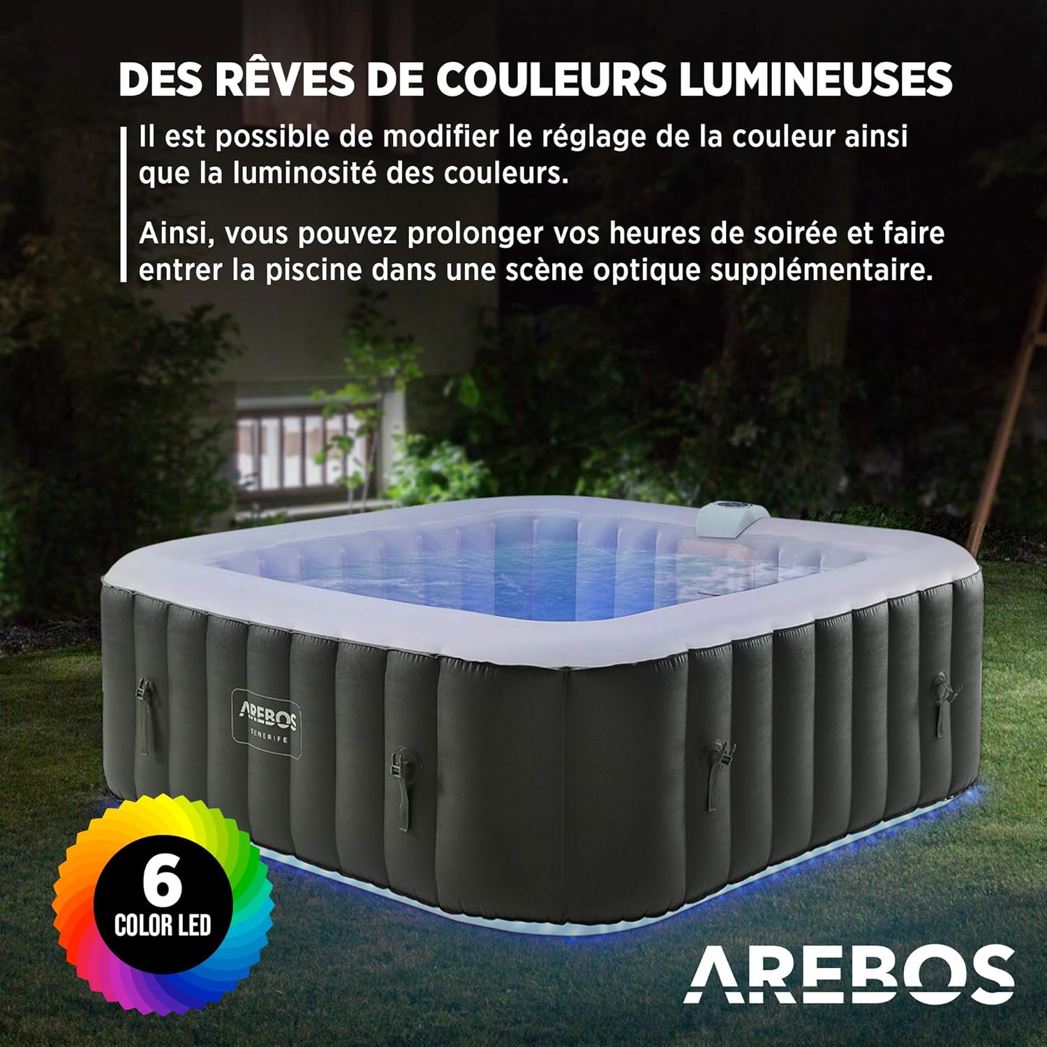 Arebos - Spa gonflable LED, 185x185cm, 6 pers, 130 jets massage