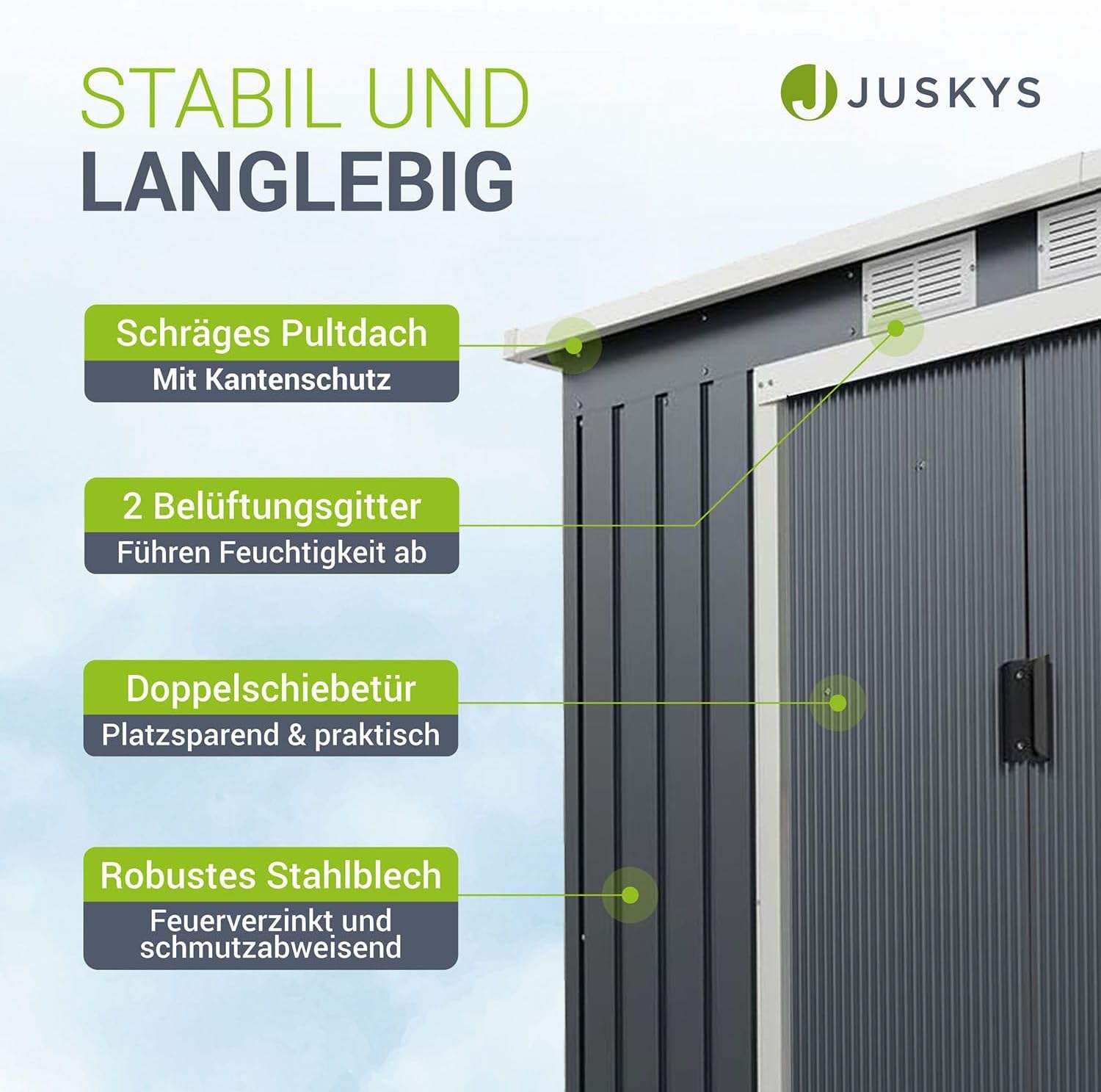 Juskys - Abri à outils en métal, 213x130x173cm, toit en pente, porte coulissante, fondation