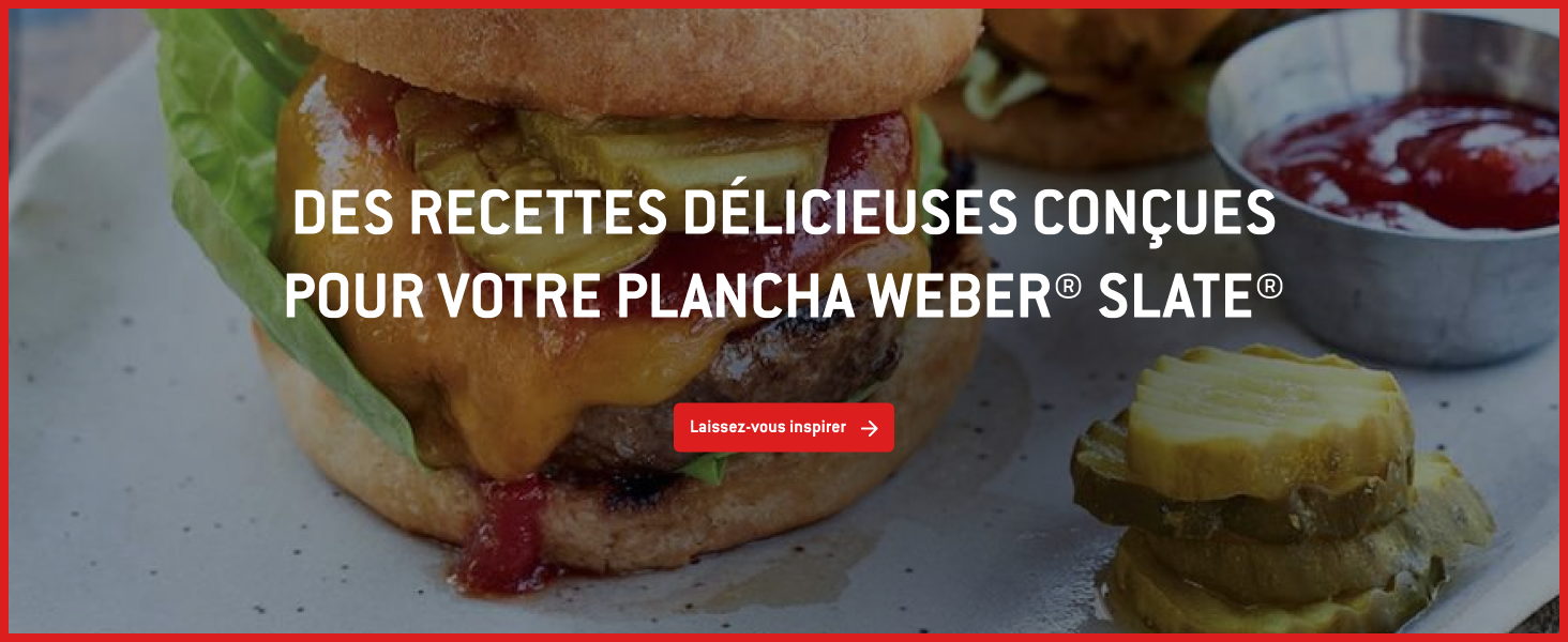 Le texte se lit comme suit : « DES RECETTES DÉLICIEUSES CONÇUES POUR VOTRE PLANCHA WEBER - SCALE ». Image rapprochée de produits grillés.