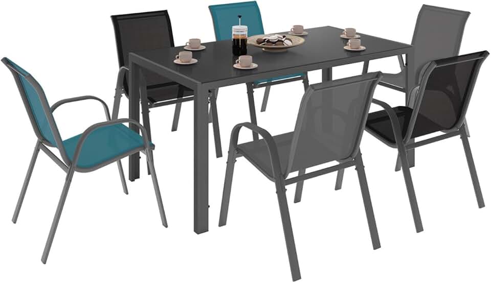 IDMarket - Salon Madrid - Table 150 cm, 6 chaises mix gris/noir/bleu