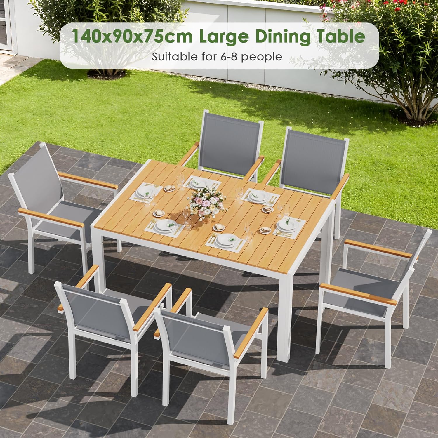 LIFERUN - Grande table de jardin - 140x90x75 cm - aluminium, plateau WPC, pour 6 personnes, résistante intempéries