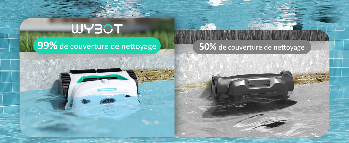 Image fractionnée comparant deux robots nettoyeurs de piscine. Le côté gauche montre un appareil blanc avec une couverture de nettoyage de 99 %. Le côté droit montre un appareil noir avec une couverture de nettoyage de 50 %.