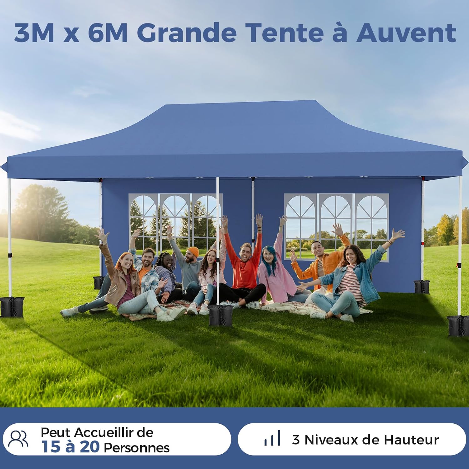 GOPLUS - tonnelle pliante - 3x6m - imperméable, sac de transport, 6 bâches