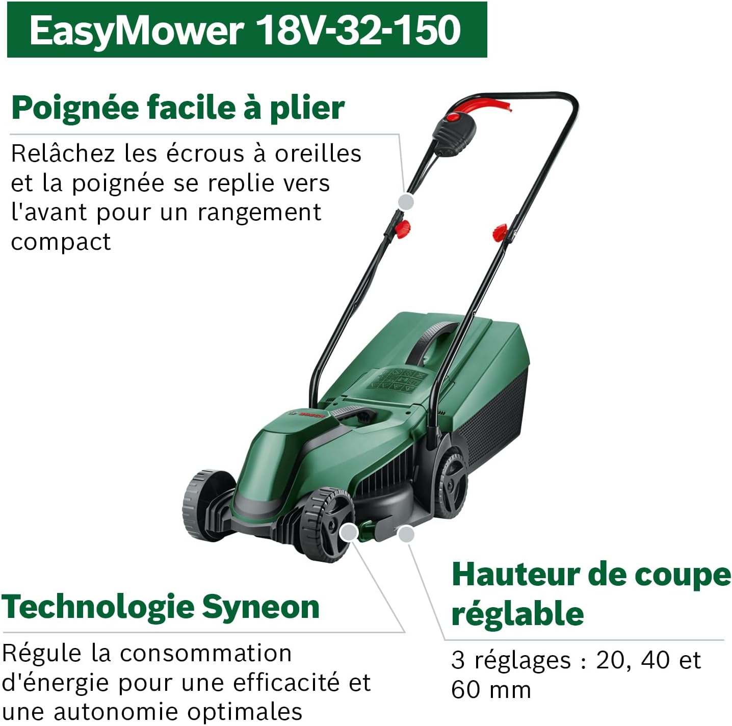 Bosch - EasyMower 18V - 32 cm - Sans fil, 100 m², 3.0 Ah, chargeur - 18V-32-150