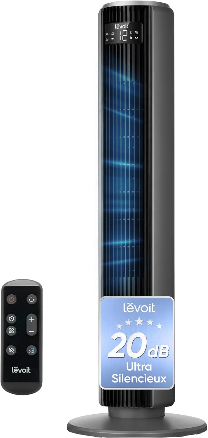 Levoit Ventilateur Colonne Silencieux 20 dB, 12 Vitesses, 4 Modes, Puissance 7,9 m/s, Minuterie 1-12 h, Télécommande & LED, Oscillation 90°, Mode Nuit pour Chambre, 92 cm, Gris