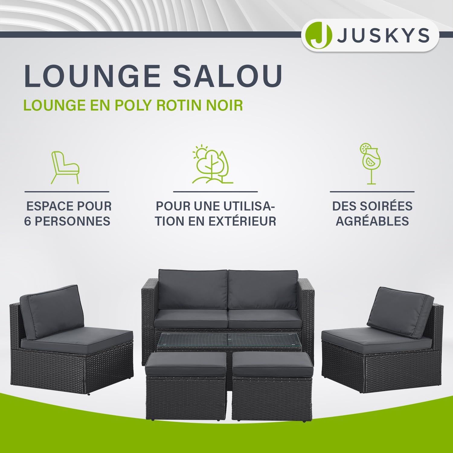 Juskys - Salon de Jardin Salou - 6 places - polyrotin, coussins, table, noir
