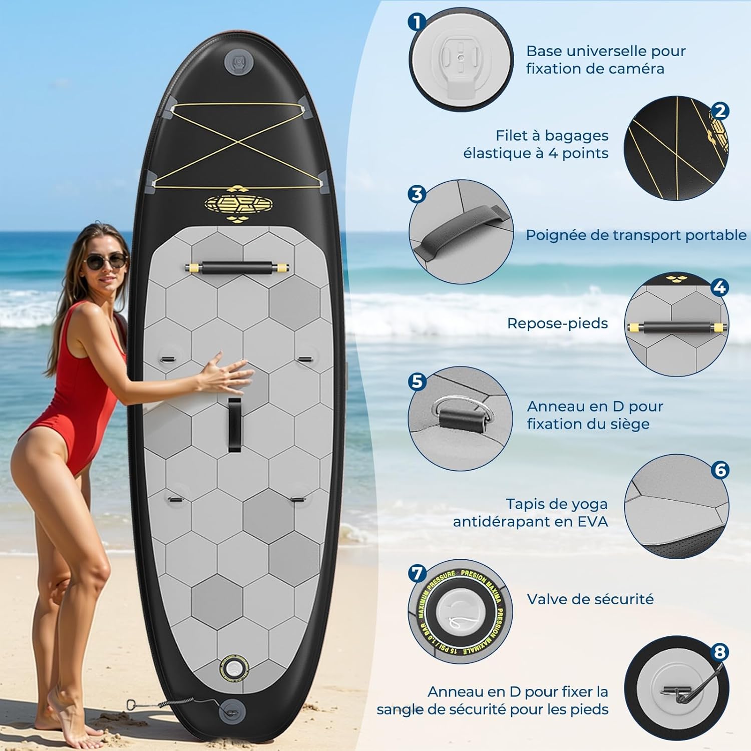 Devoko - Planche de Paddle Gonflable Adulte 320cm - 2-en-1, Siège, Accessoires, 130kg Max - SUP Gonflable