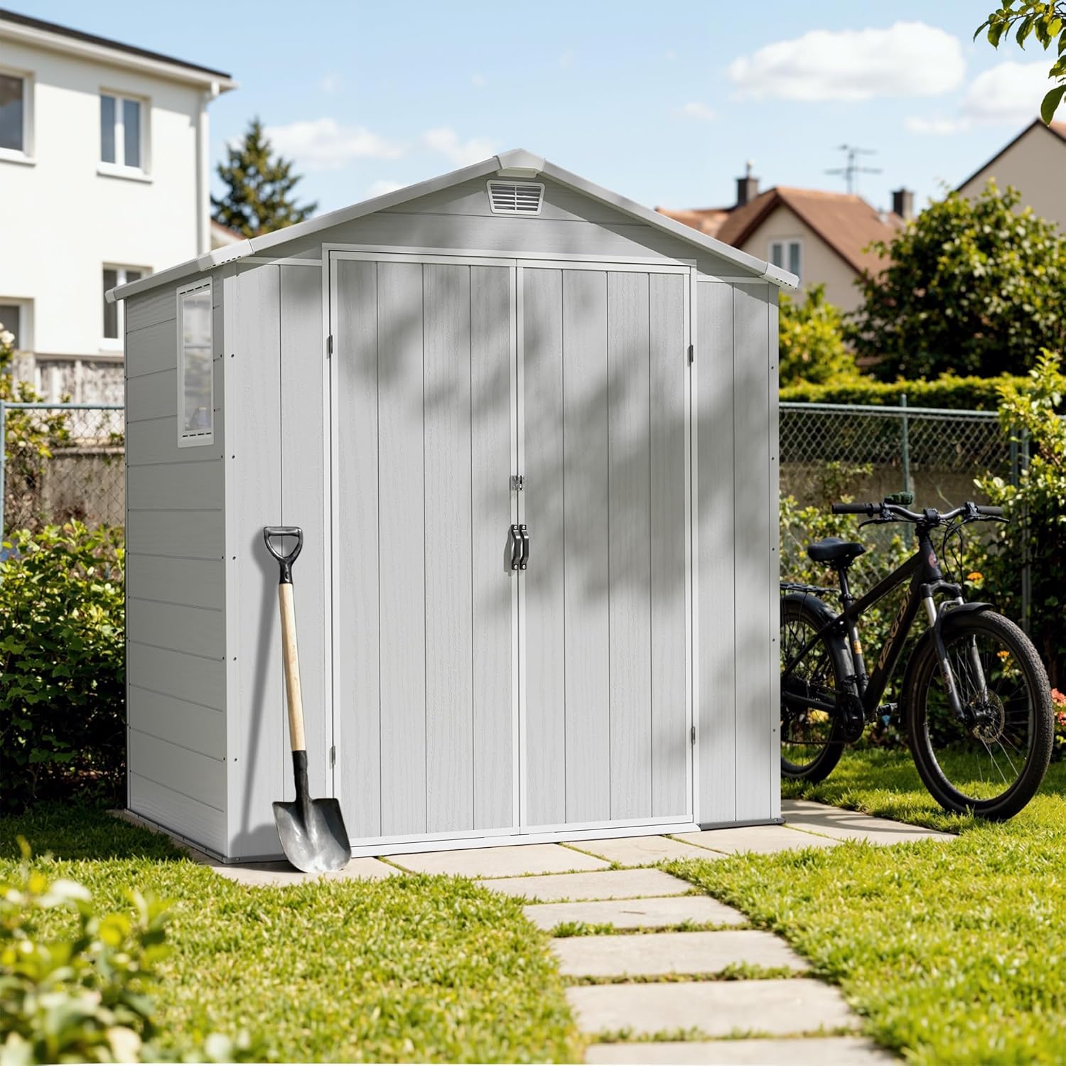 Triumphkey Abri de rangement extérieur de 1,8 x 1,2 m, abri de jardin en plastique avec porte verrouillable, résistant aux intempéries, pour vélo, outils et poubelle de rangement pour pelouse