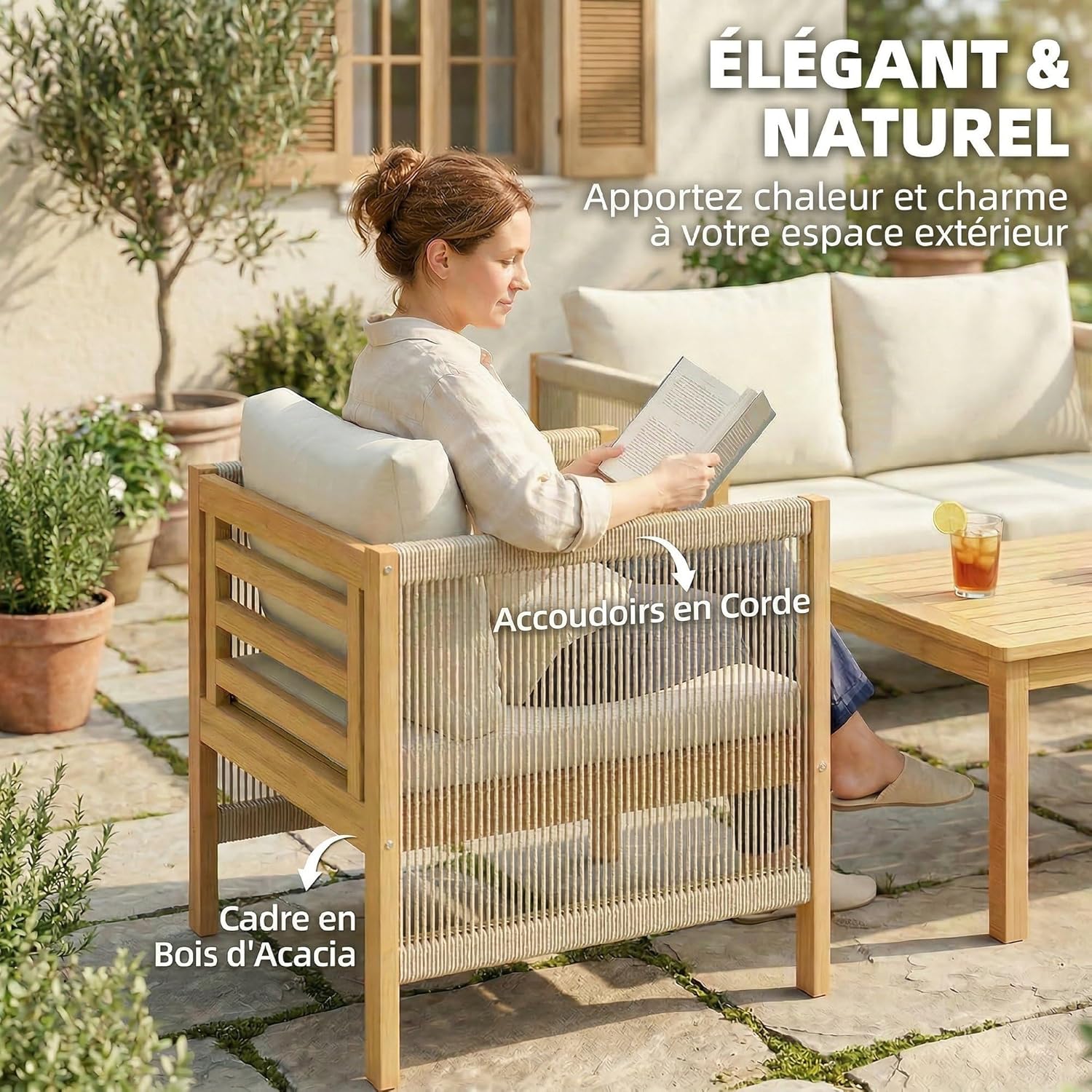 Outsunny - Salon de Jardin en Bois d'Acacia 4 pièces - Canapé, fauteuils, table - Coussins déhoussables, corde tressée, 