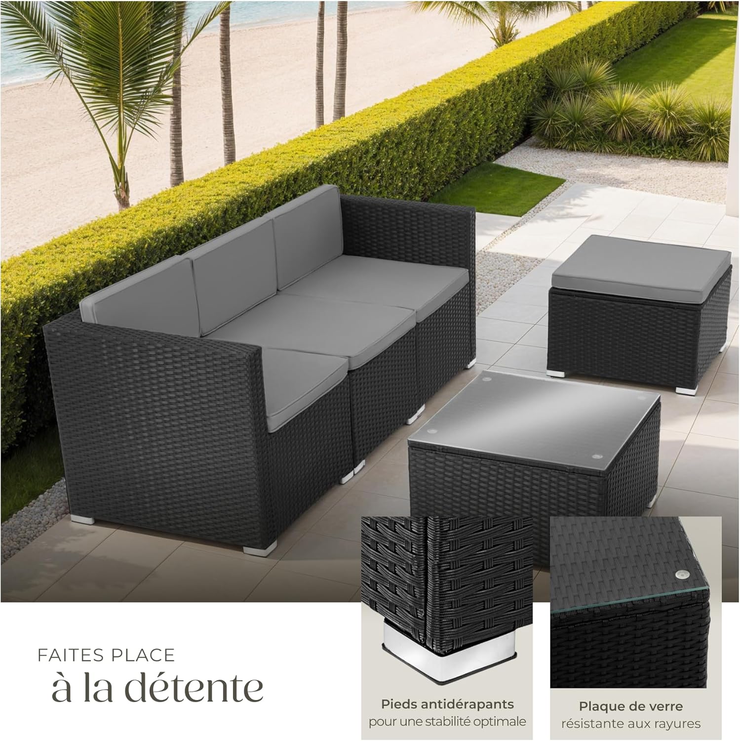 tectake - Salon de jardin modulable 4 places, poly rotin, 3 fauteuils, 1 table, terrasse
