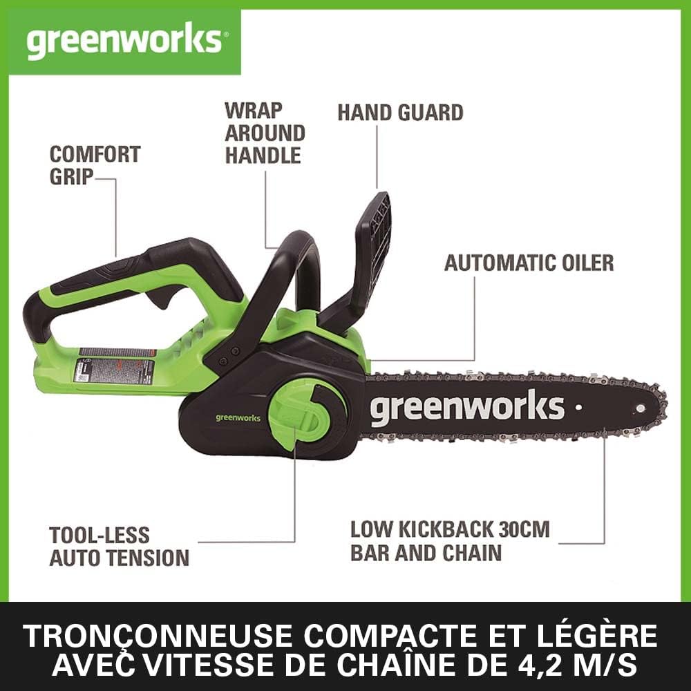 Greenworks G40CS30IIK2 Tronçonneuse à Batterie, Longueur du Guide-Chaîne de 12 Pouces (30cm), Vitesse de la Chaîne de 4,2 m/s, Poids de 2.6kg,Batterie 40V 2Ah et Chargeur, Garantie 3 Ans