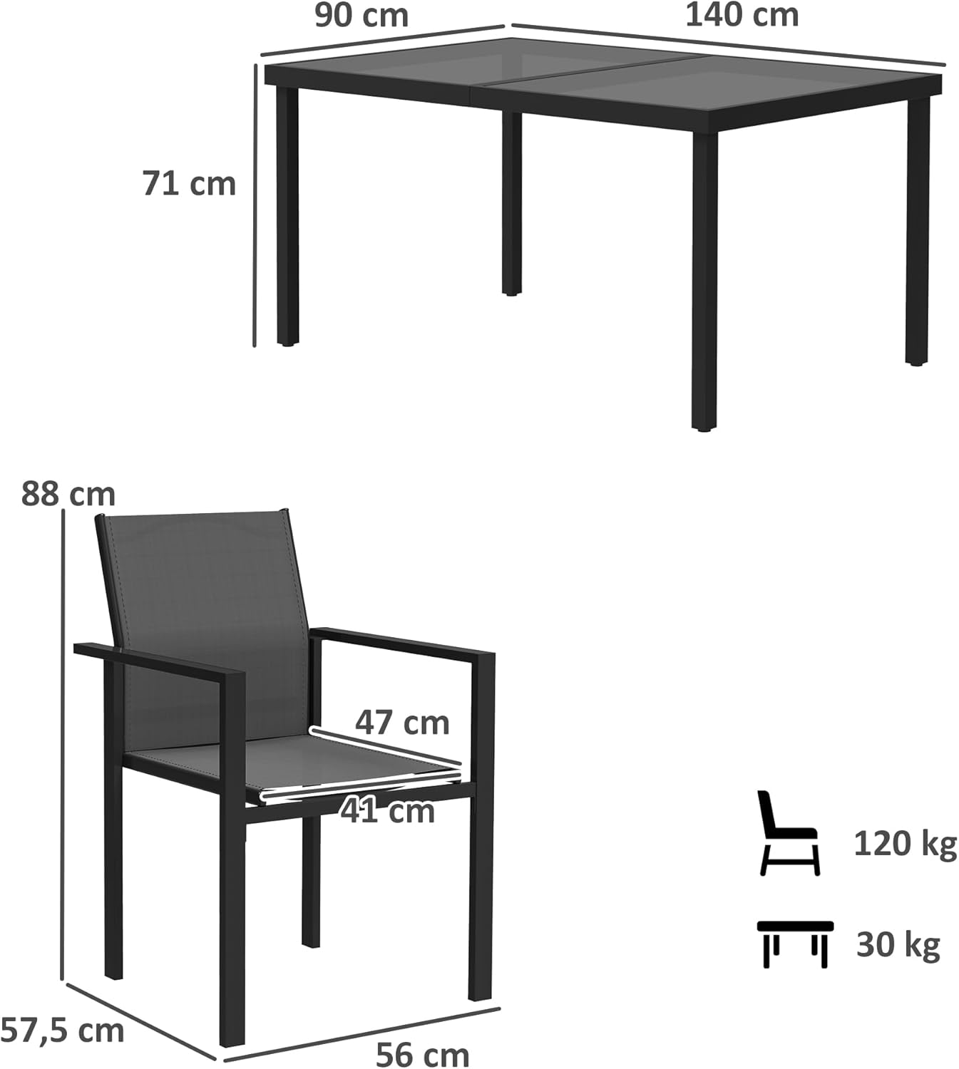 Outsunny - salon de jardin extérieur 4 places - table verre 140 cm, chaises empilables, noir