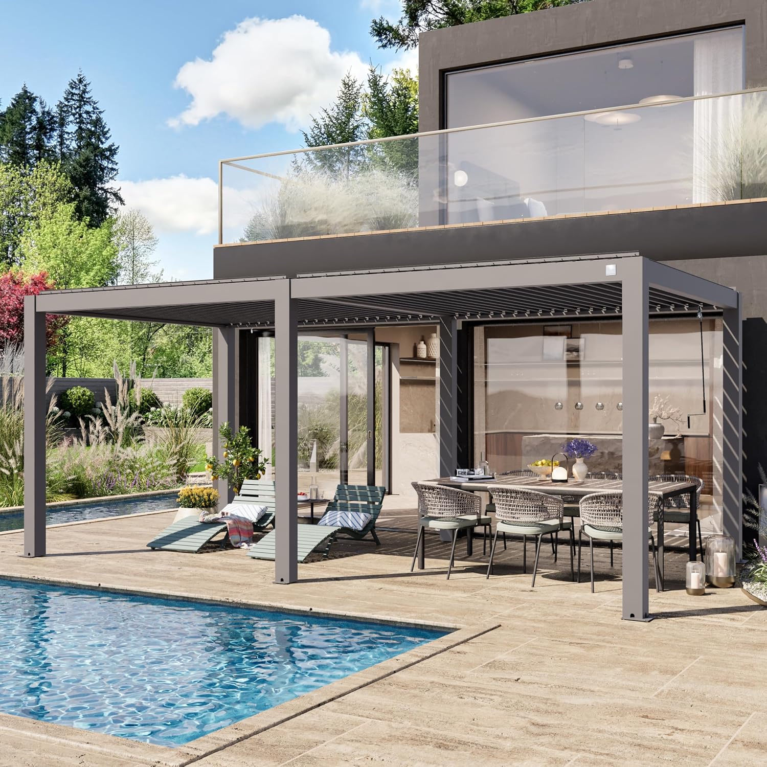 Primeyard - Pergola série aluminium - 3x6 m - lames orientables, poteaux alu, gris