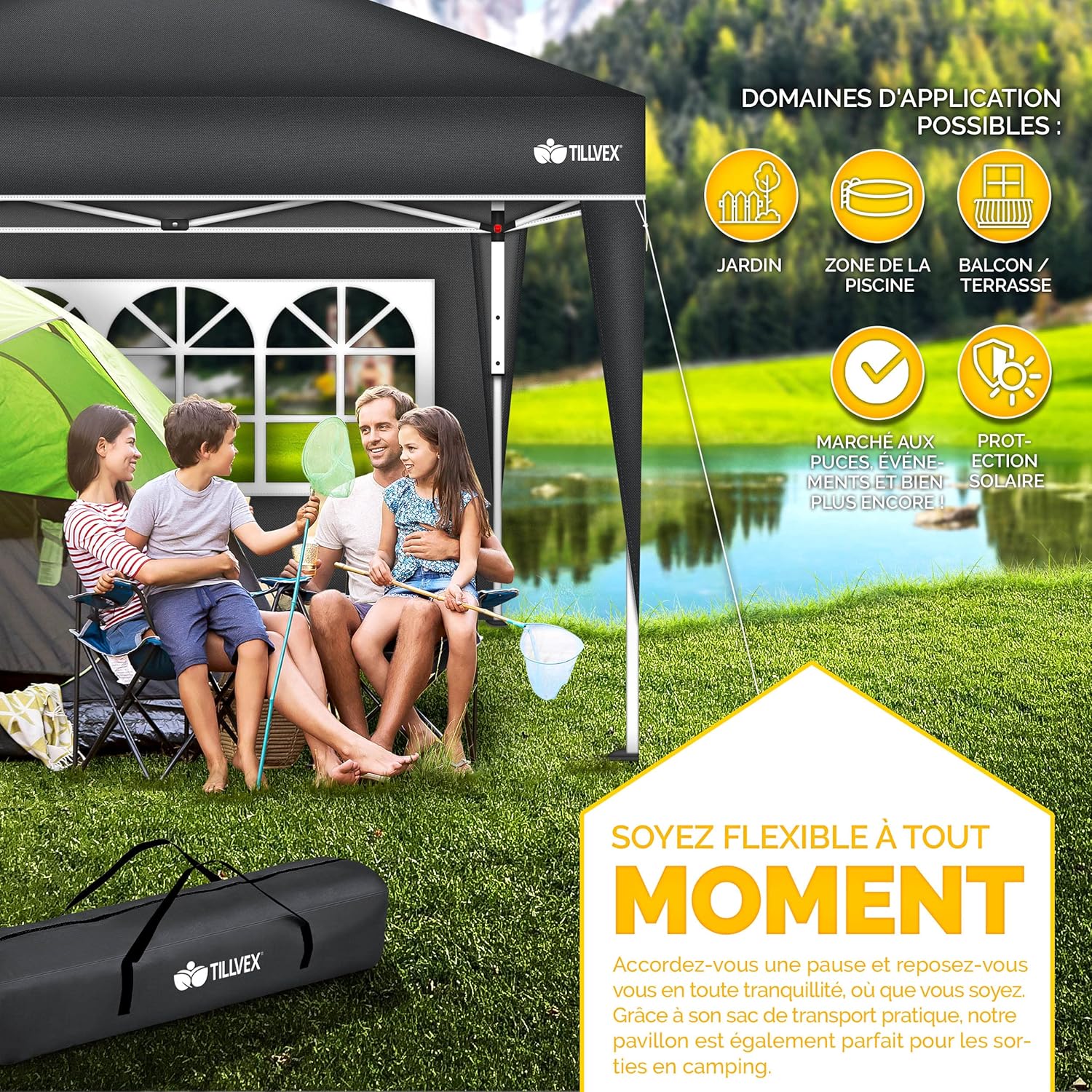 tillvex - Tonnelle pliante 3x3m - 2 côtés, hauteur réglable, UV 50+, sac