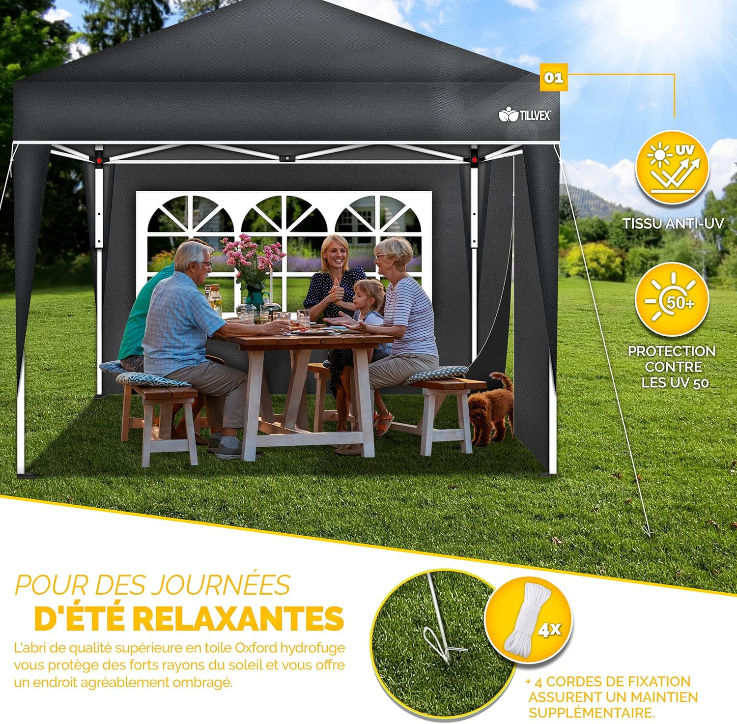 tillvex - Tonnelle pliante 3x3m - 2 côtés, hauteur réglable, UV 50+, sac
