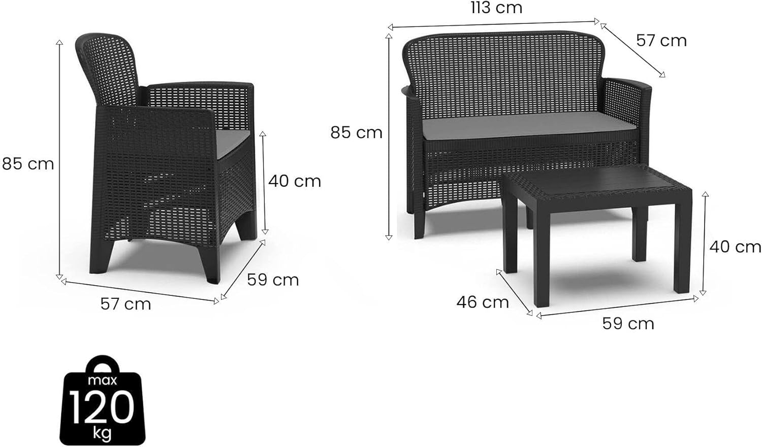 Dmora - Ostuni salon de jardin - 2 fauteuils, canapé, table basse, coussins, effet rotin, anthracite