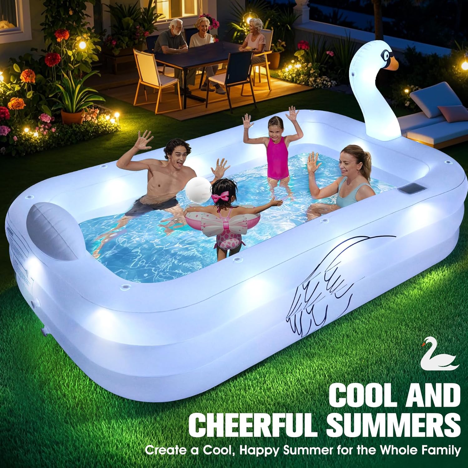 ChlorBlu Piscine Gonflable avec Lumières, Swan Piscine Gonflable Adulte, 255x160x50cm Grande Piscines Gonflables Rectangulaire, Swimming Pool Surdimensionnée pour Enfants et Famille, pour Jardin