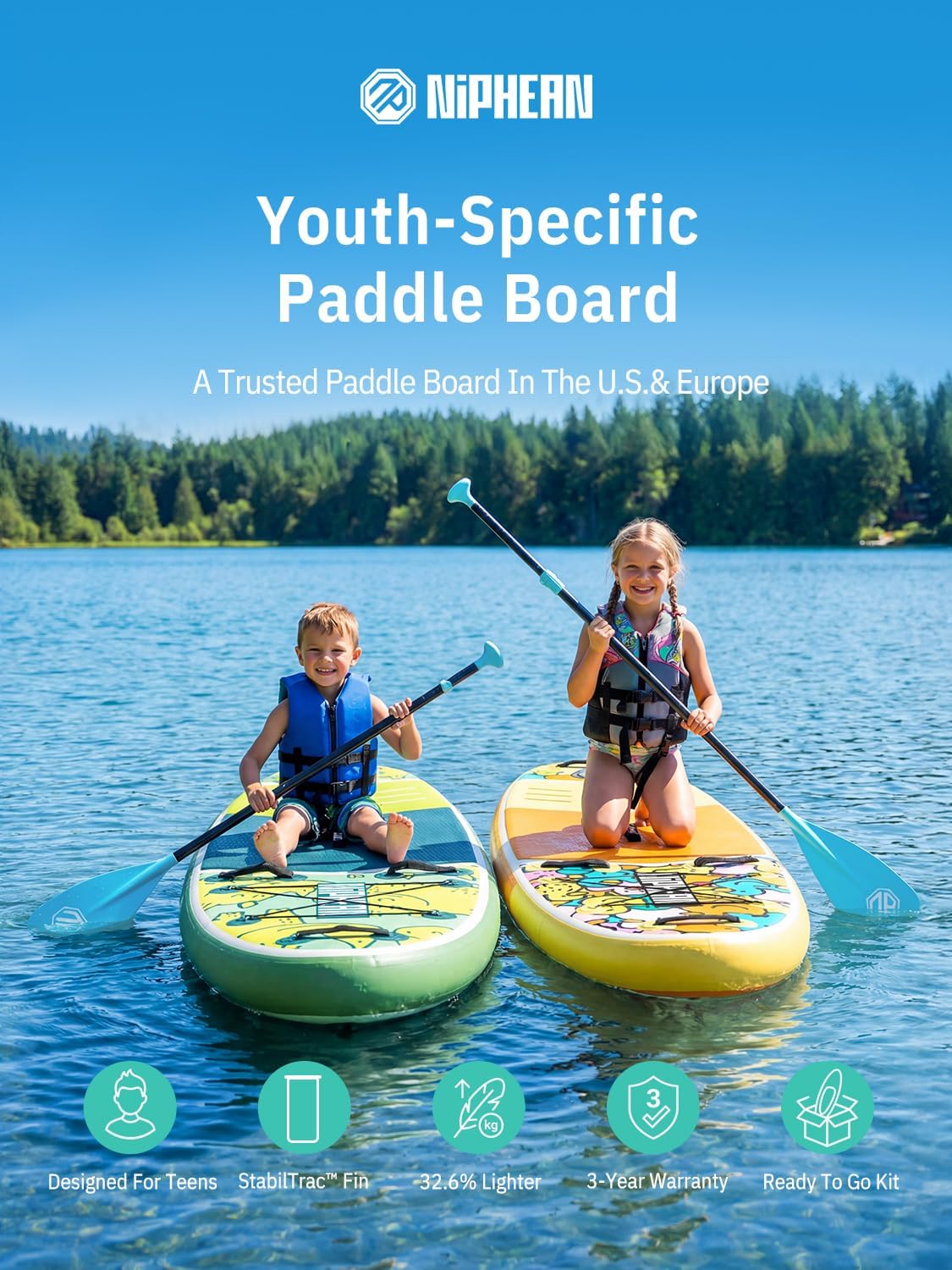 Niphean Paddle Gonflable Adulte avec Tous Les Accessoires, 320cm Planches de Stand Up Paddle Gonflables pour Tous Les Niveaux, Sup avec Capacité 200 kg pour 2 Personnes, Paddle Gonflable avec Siège