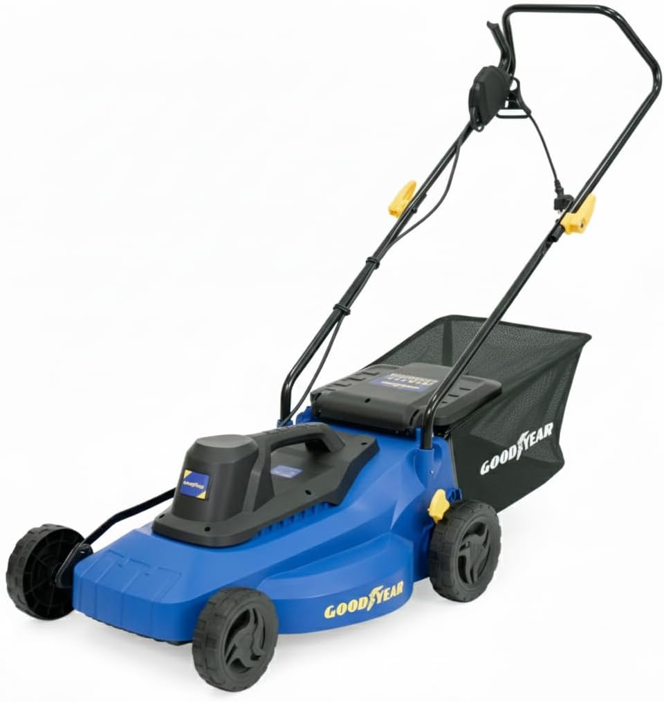Goodyear - Tondeuse à Gazon Électrique Filaire 1200W, Largeur de Coupe 32cm, Hauteur Réglable (3 Positions), Bac de Ramassage 30L, Idéal pour Petits Jardins et Pelouses, Légère et Compacte